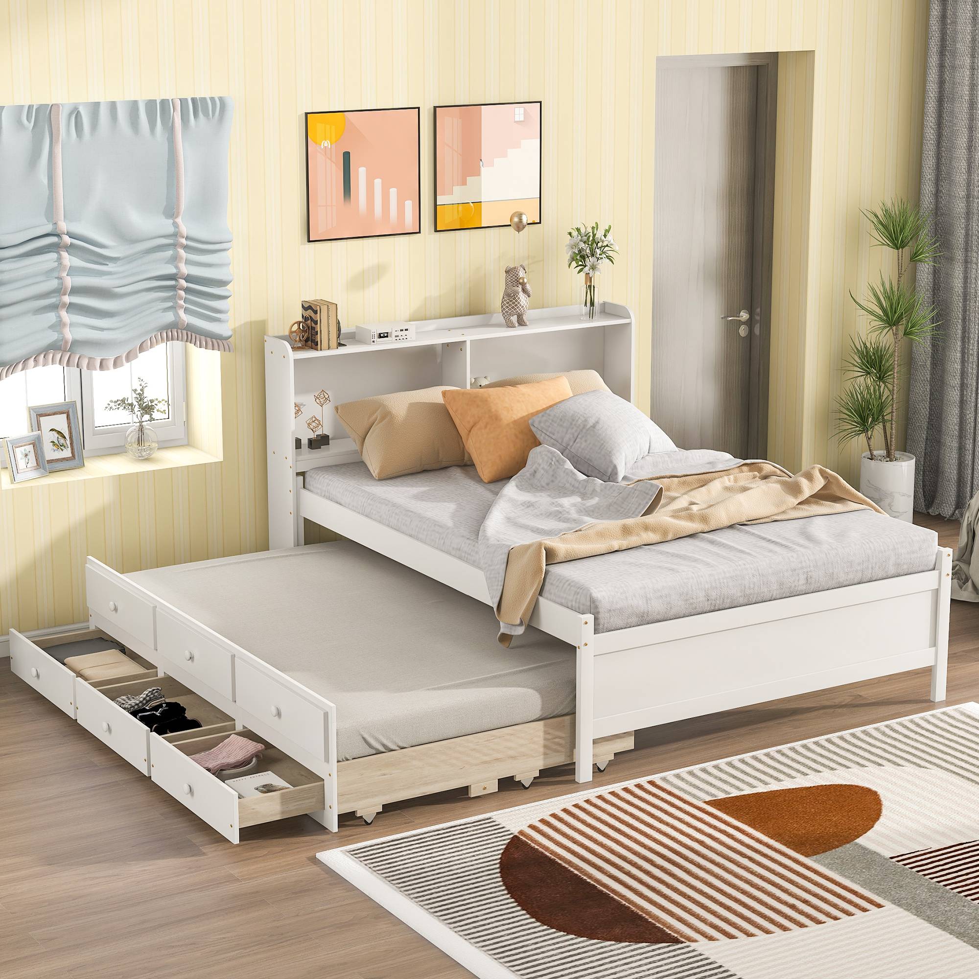 Yiekholo White Full Wood Platform Bed with Storage in the Beds ...