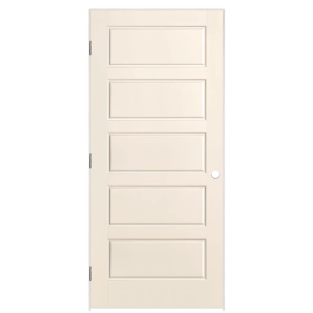 Masonite 1444626 36-in x 80-in Moonglow Solid core 5-panel equal Right hand Smooth Prefinished Molded composite Flat Jamb Single Prehung Interior Door