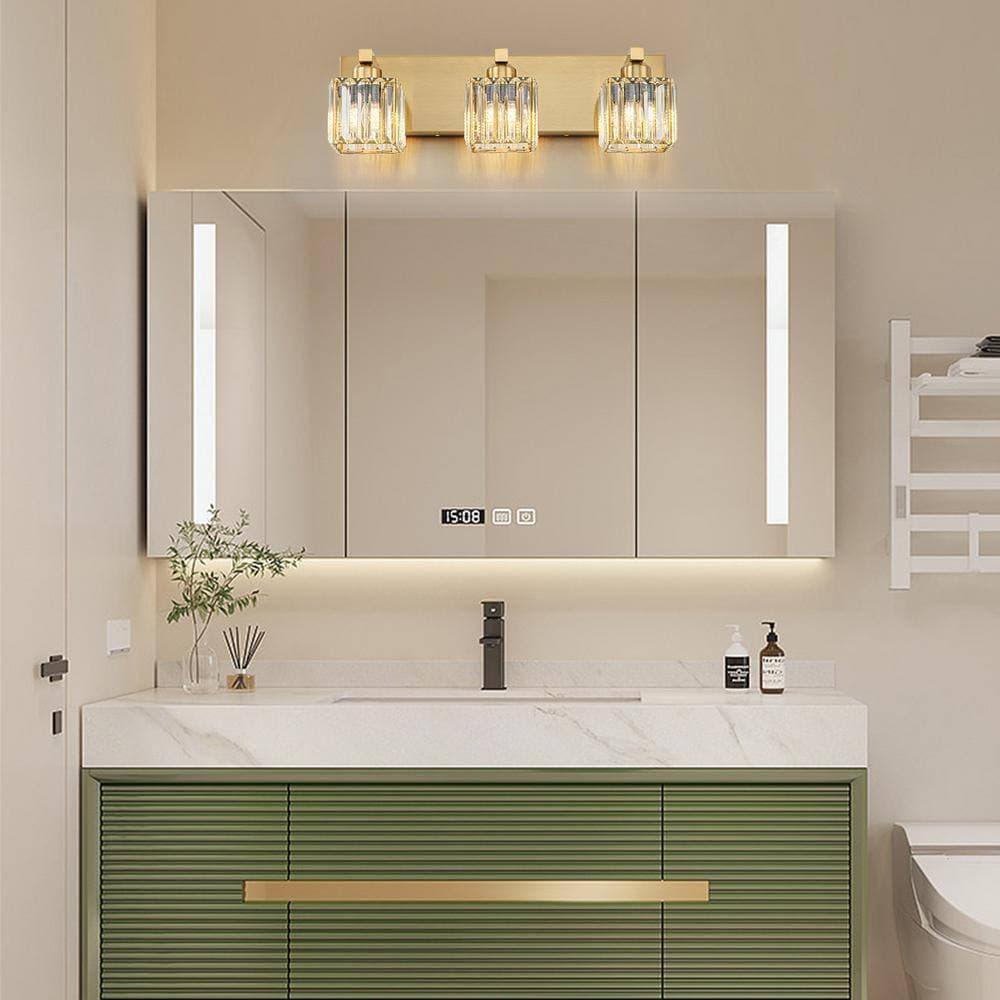 Gold Crystal 3-Light Bathroom Vanity Fixture with Square Shades