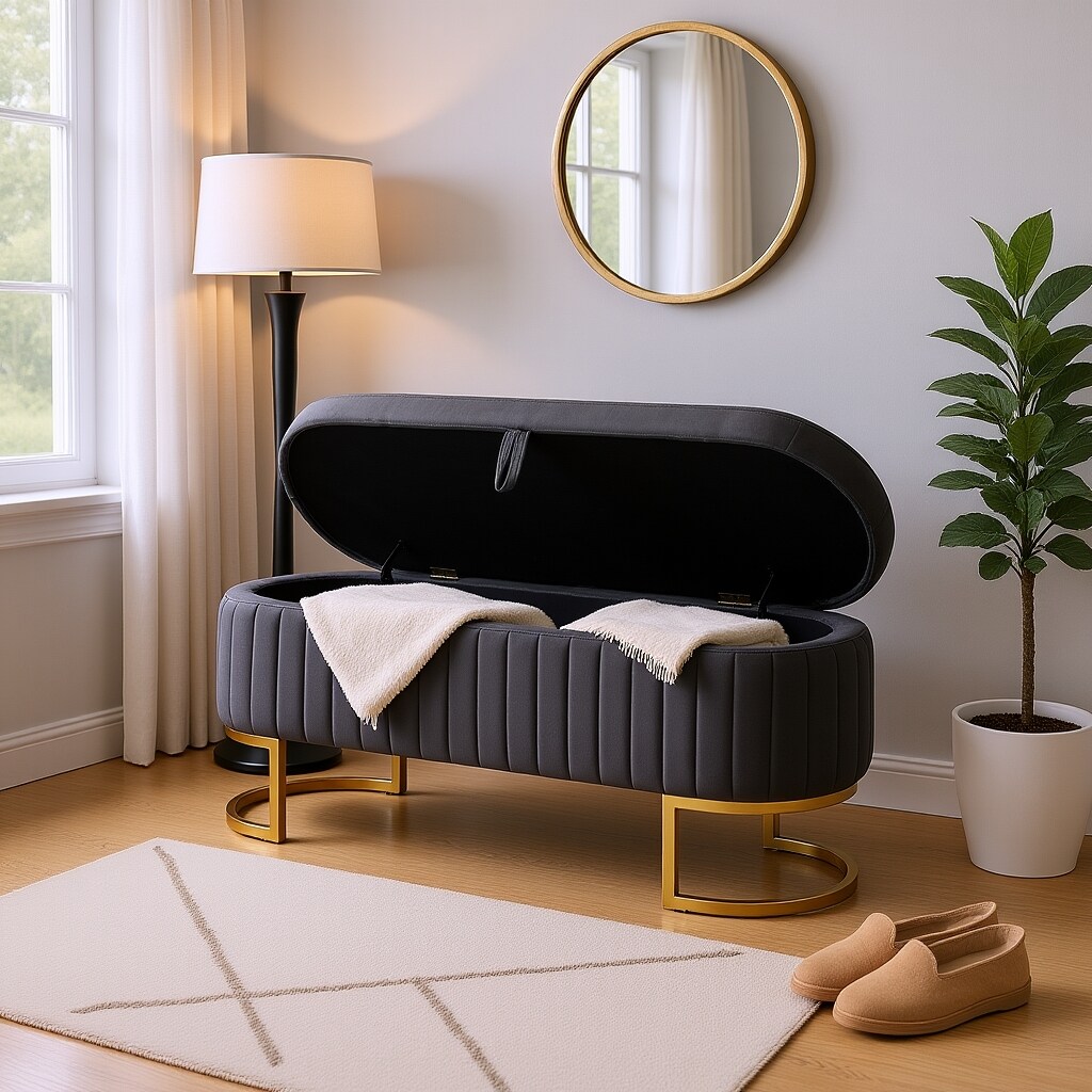 Homy Casa W1117P176450-LWS 50-in W Gray Upholstered Storage Ottoman Bench with Gold Metal Base