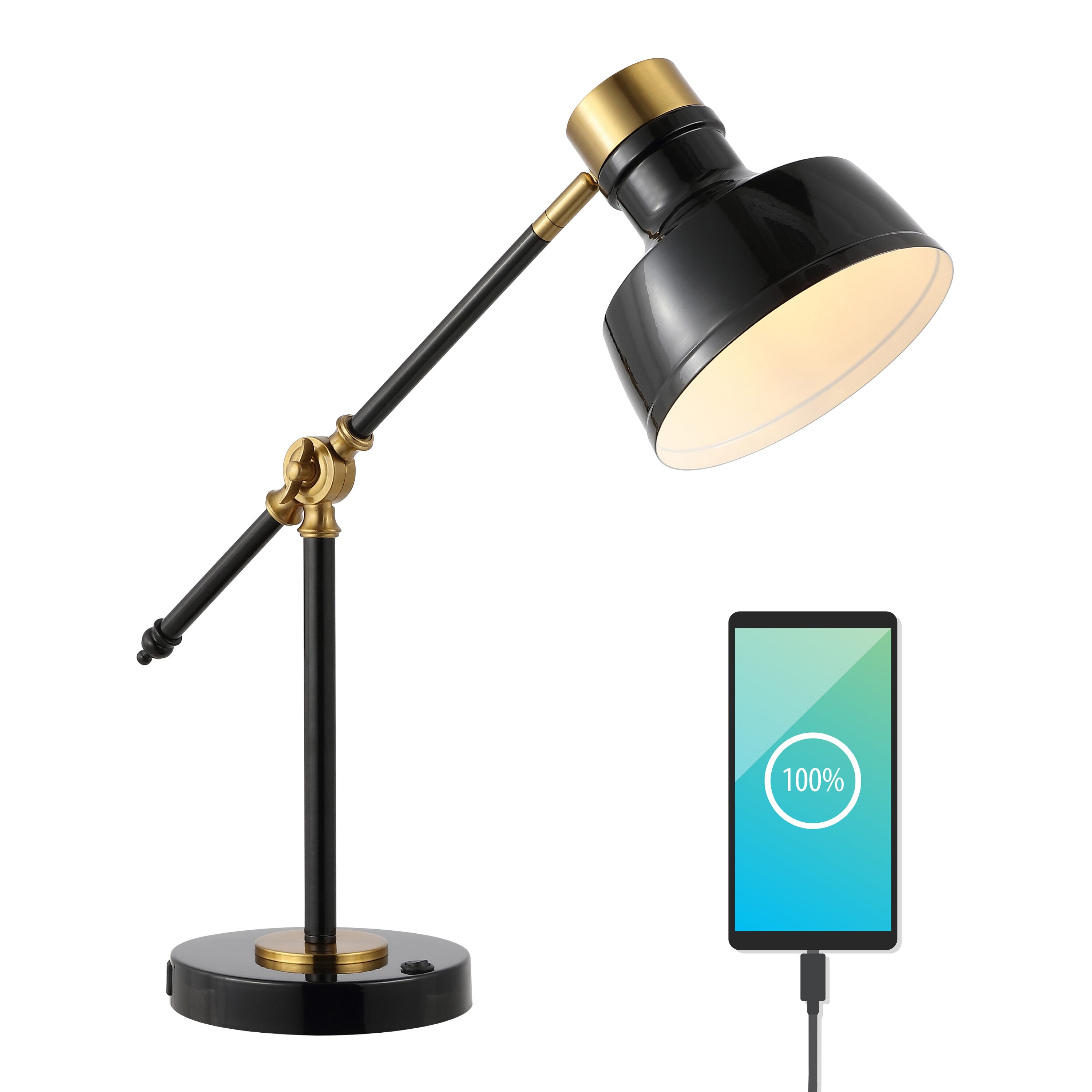 Adjustable Black and Brass Gold Edison Task Lamp with USB Port
