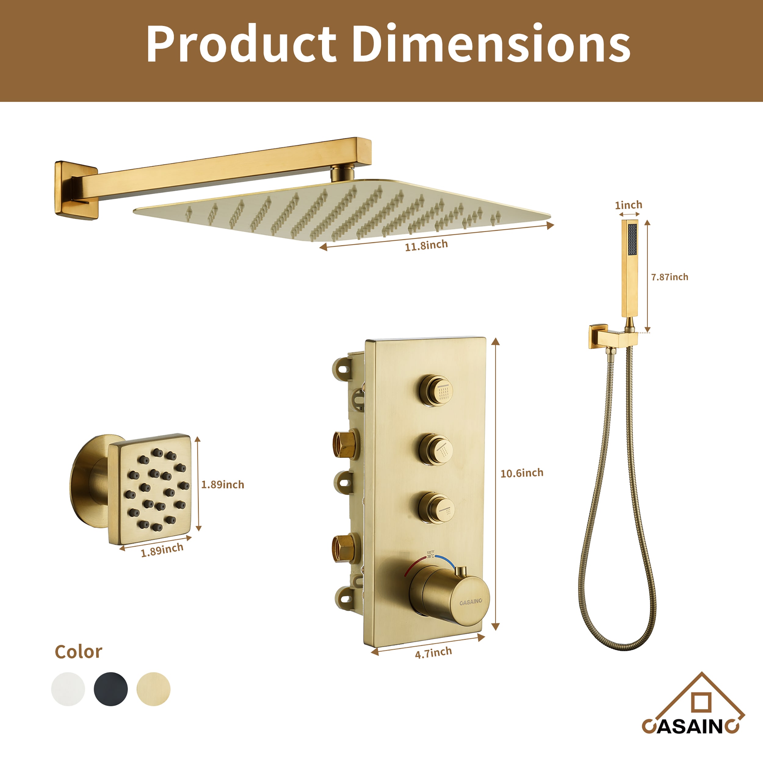 Brushed Gold Wall Mounted Thermostatic Shower System with Body Jets
