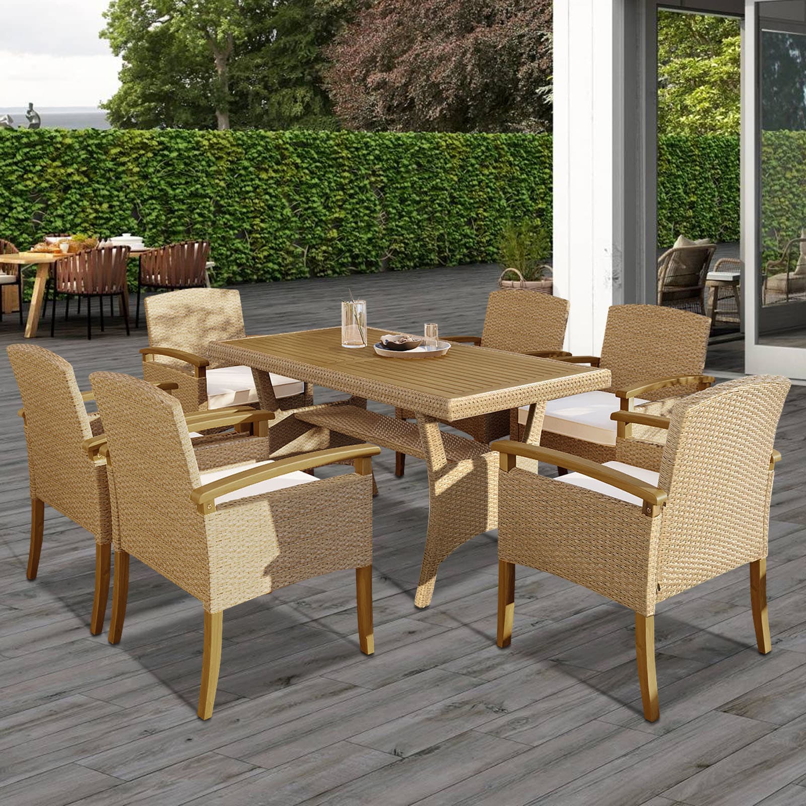 Maocao Hoom 7-Piece Brown Rattan Patio Dining Set Rattan Rectangle ...