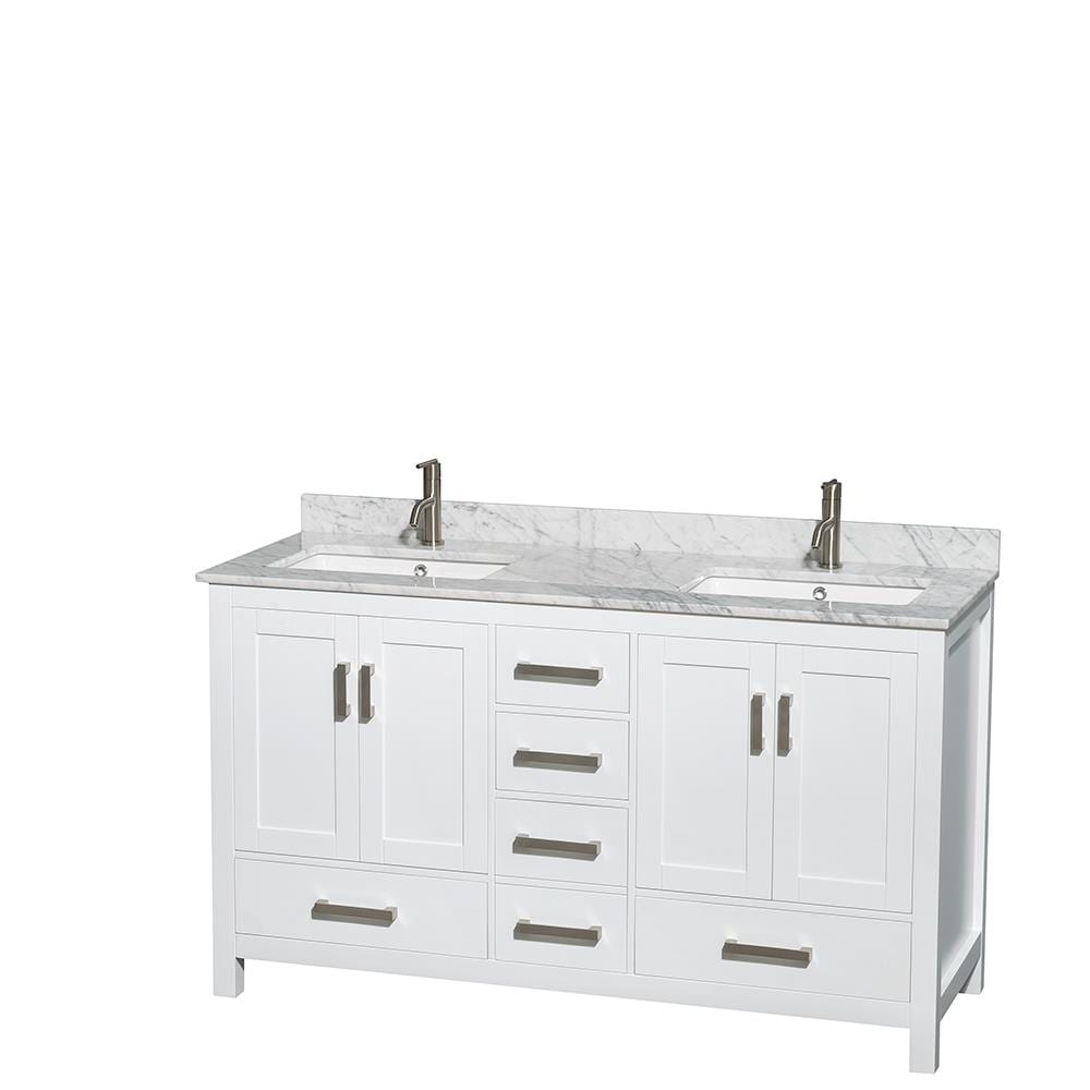 Wyndham Collection WCS141460DWHCMUNSMXX Sheffield 60-in White with Brushed Chrome Trim Undermount Double Sink Bathroom Vanity with White Carrera Natural Marble Top