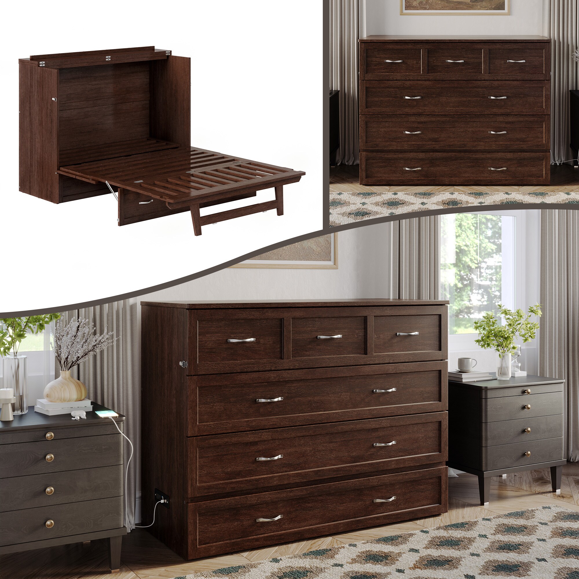 AFI AC573103 Vivian No Mattress Burnt Amber Full Wood Murphy Bed with Storage