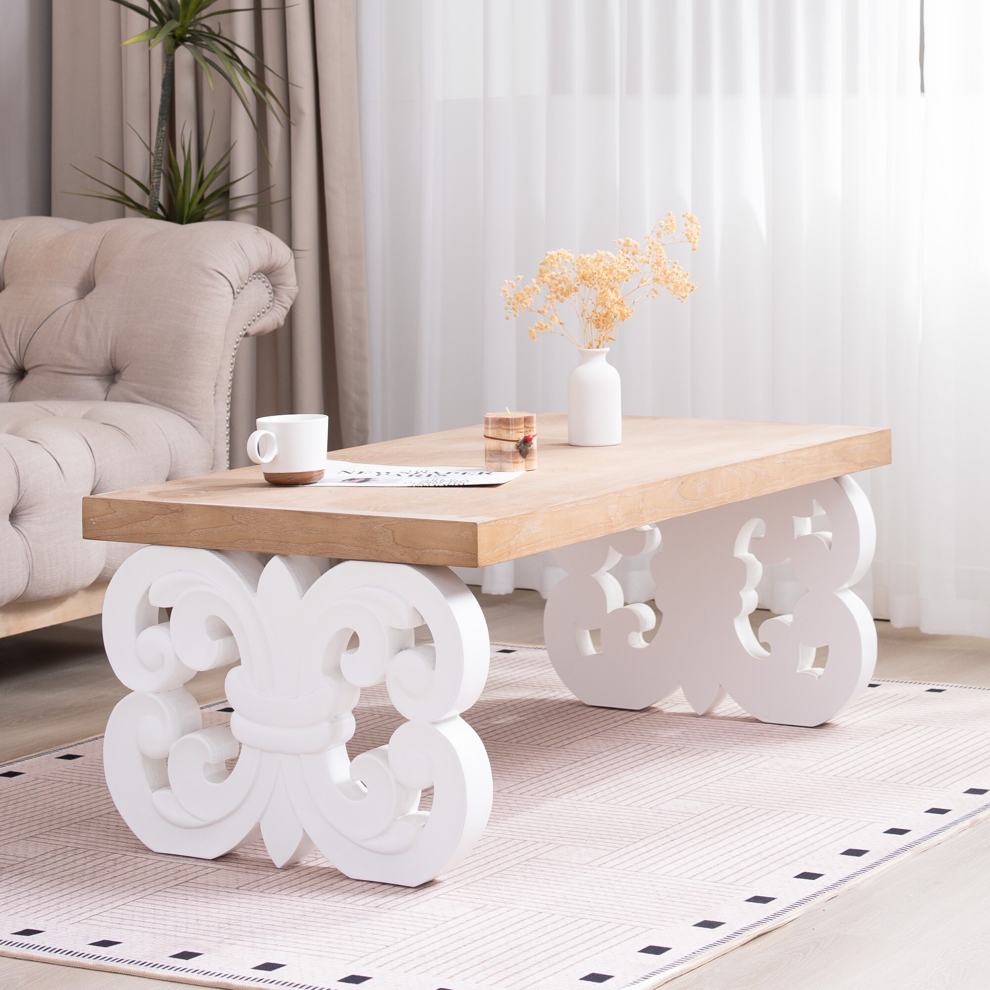 GDFStudio 47in Ornate Wood Coffee Table Rectangular Farmhouse Table ...
