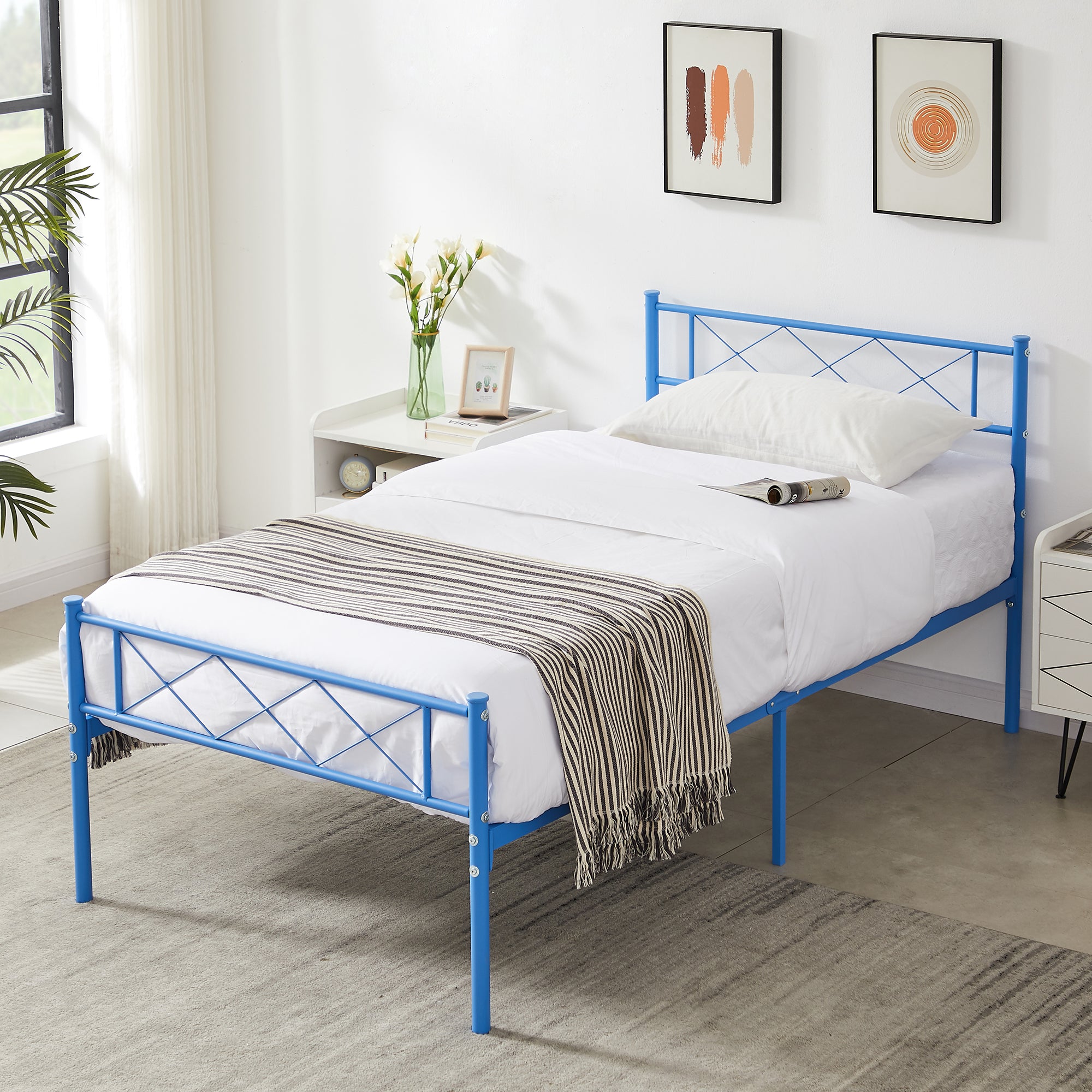 Vecelo LOE-YT-T08-BLU Twin Size Metal Bed Frame with Headboard Modern Platform Bed Frame No Box Spring Needed Easy Assembly Blue