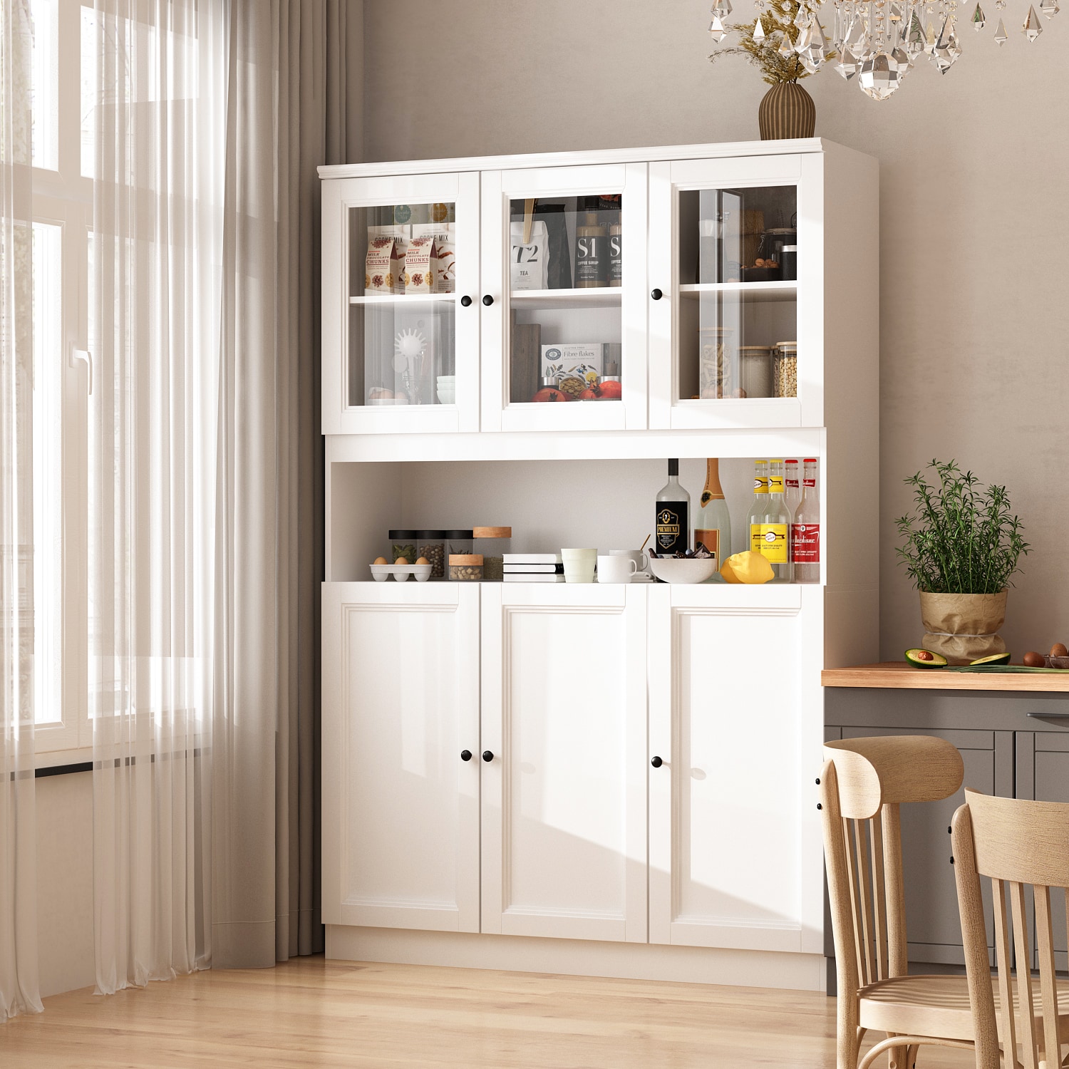 FUFU&GAGA 6-Door Kitchen Pantry Cabinet Storage Hutch with Microwave Stand in White | LJY-KF020261-01+02