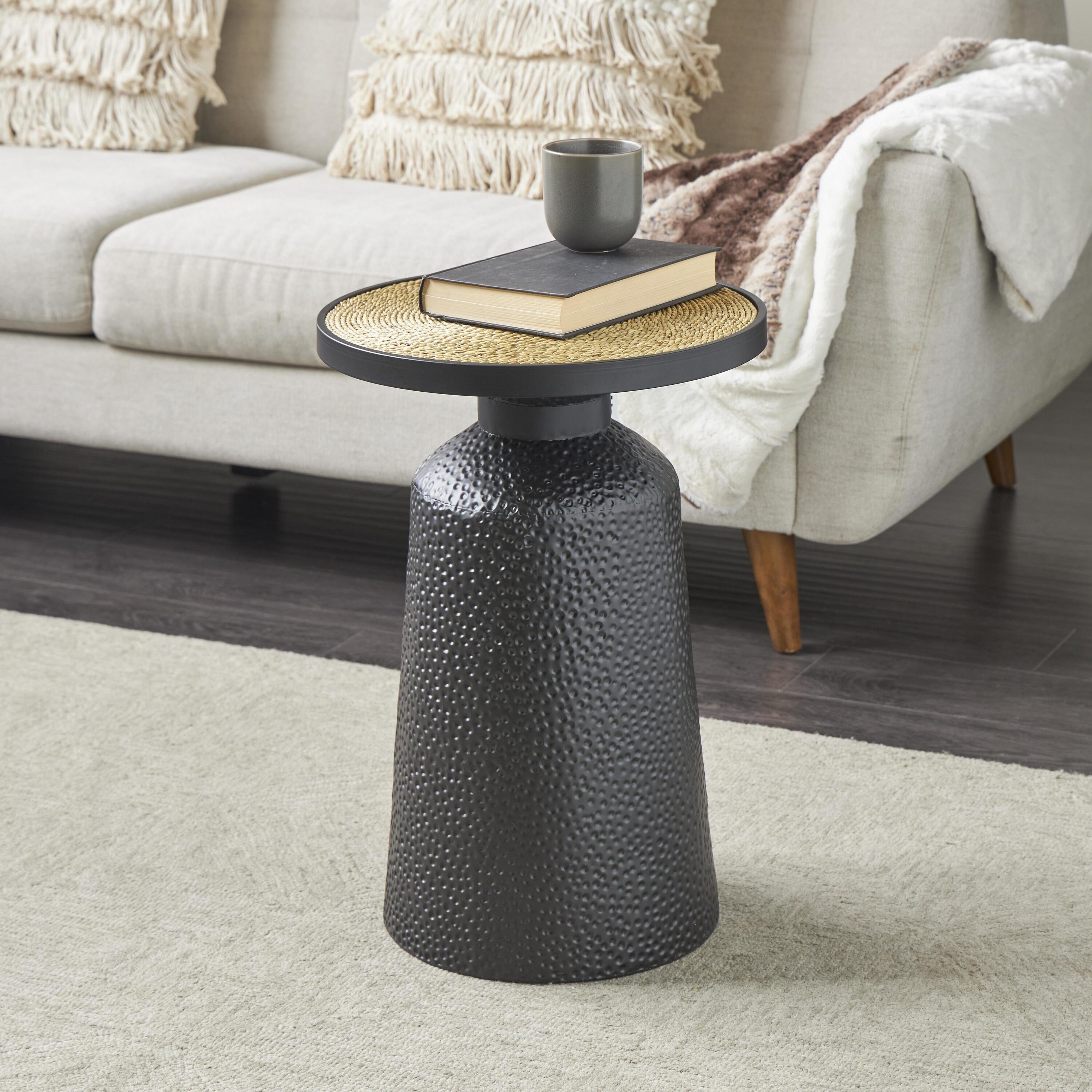 Grayson Lane 822788 15.75-in W x 22.25-in H Black Handmade with Rope Table top Metal Round Country End Table