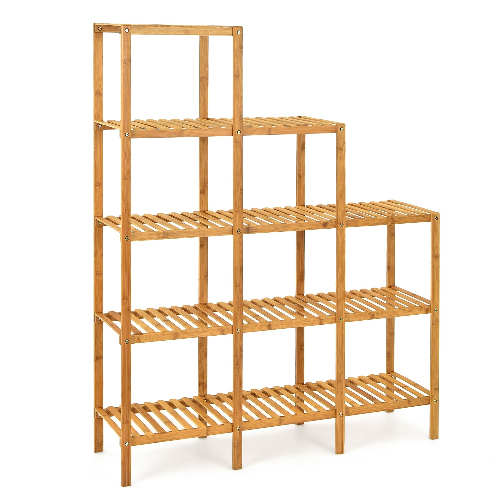 Slickblue D-CO-AN53001ZH Natural Bamboo 4-Shelf Display Bookcase with 9 Compartments 45.5L x 12.5W x 55.5H for Living Room or Kitchen