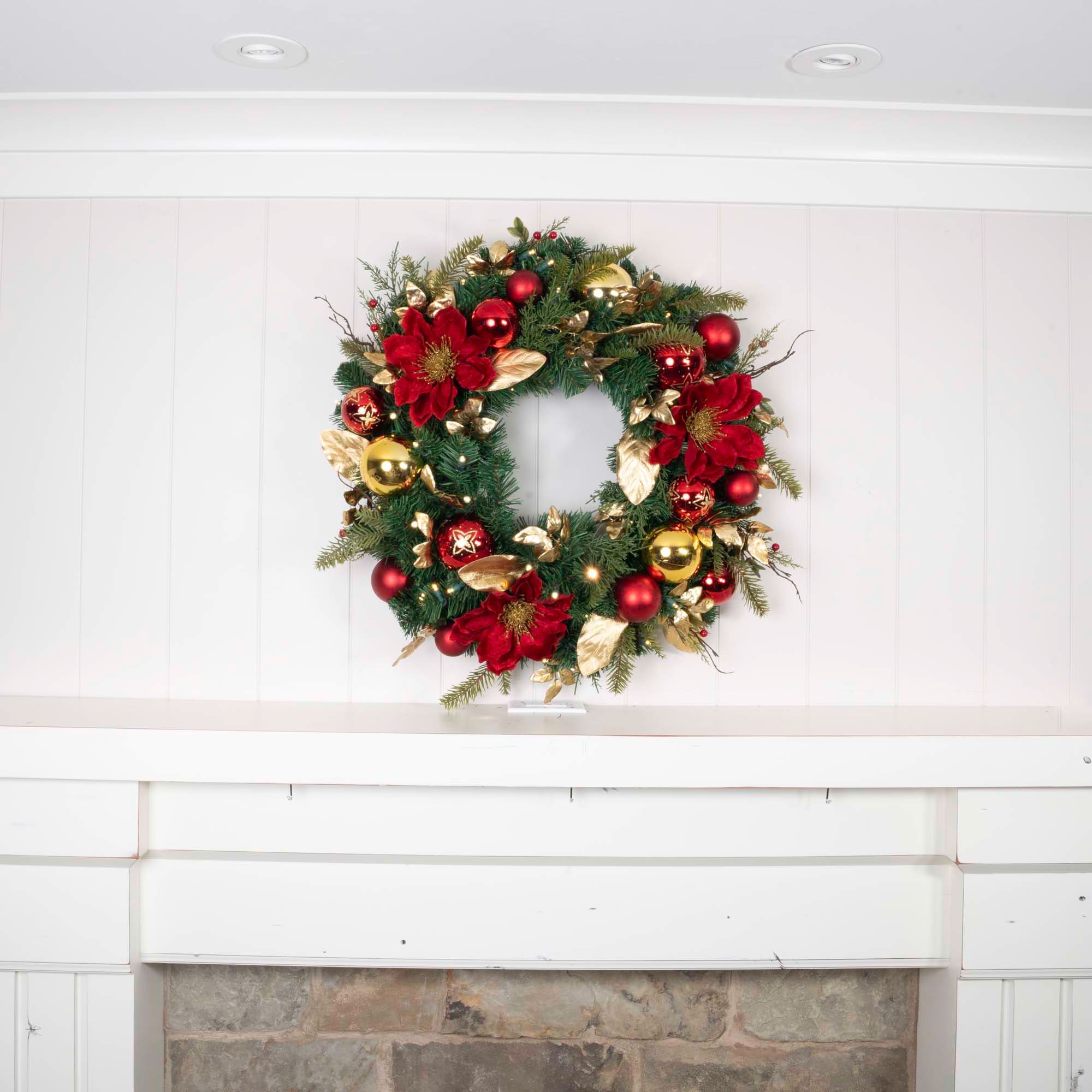 Golden Leaf Red Magnolia 30'' Artificial Christmas Wreath with LED Lights