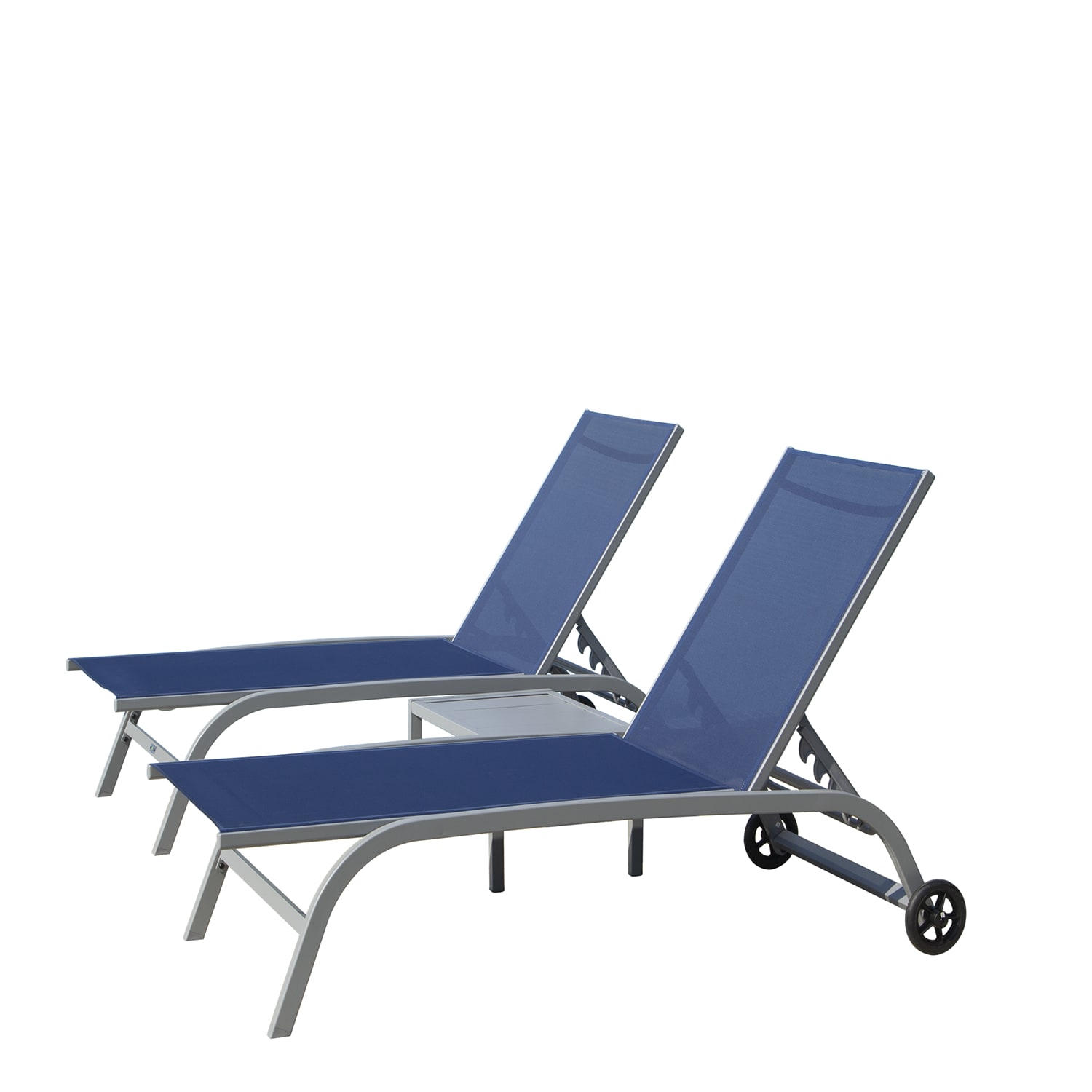 GZMR GZ-W1859C55 Chaise Lounge Outdoor Set of 3, 2 Lounge Chairs and 1 Table Set of 2 Stackable Blue Aluminum Frame Stationary Chaise Lounge Chair with Blue Mesh Seat