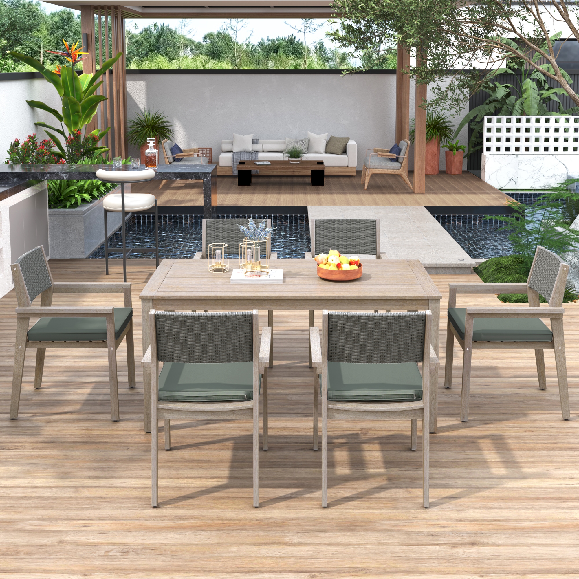 Nestfair HPF0110K 7 -Piece White Washed Rattan Patio Dining Set Wood Rectangle Table with 6 Green Cushions Stationary Chairs