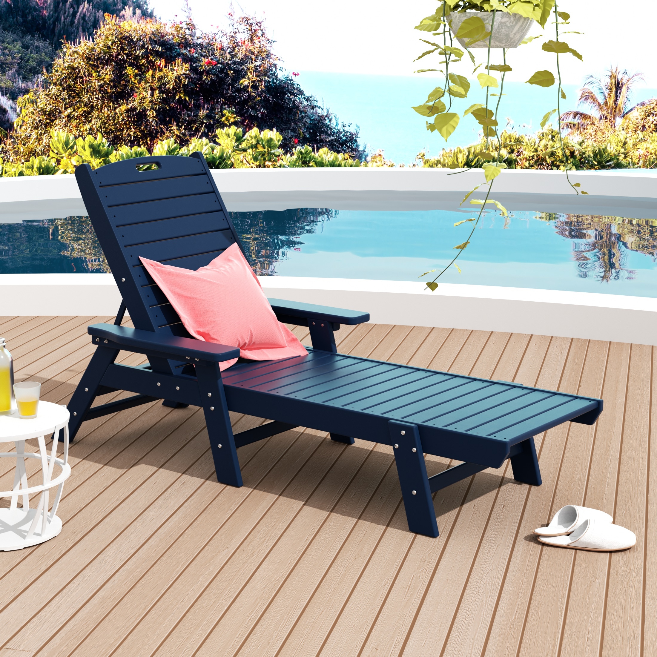 Navy Blue HDPE Adjustable Outdoor Chaise Lounge with Arms