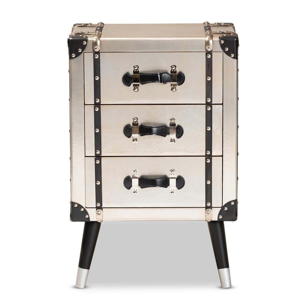 Vintage Industrial Antique Silver 3-Drawer Nightstand with Rivet Details