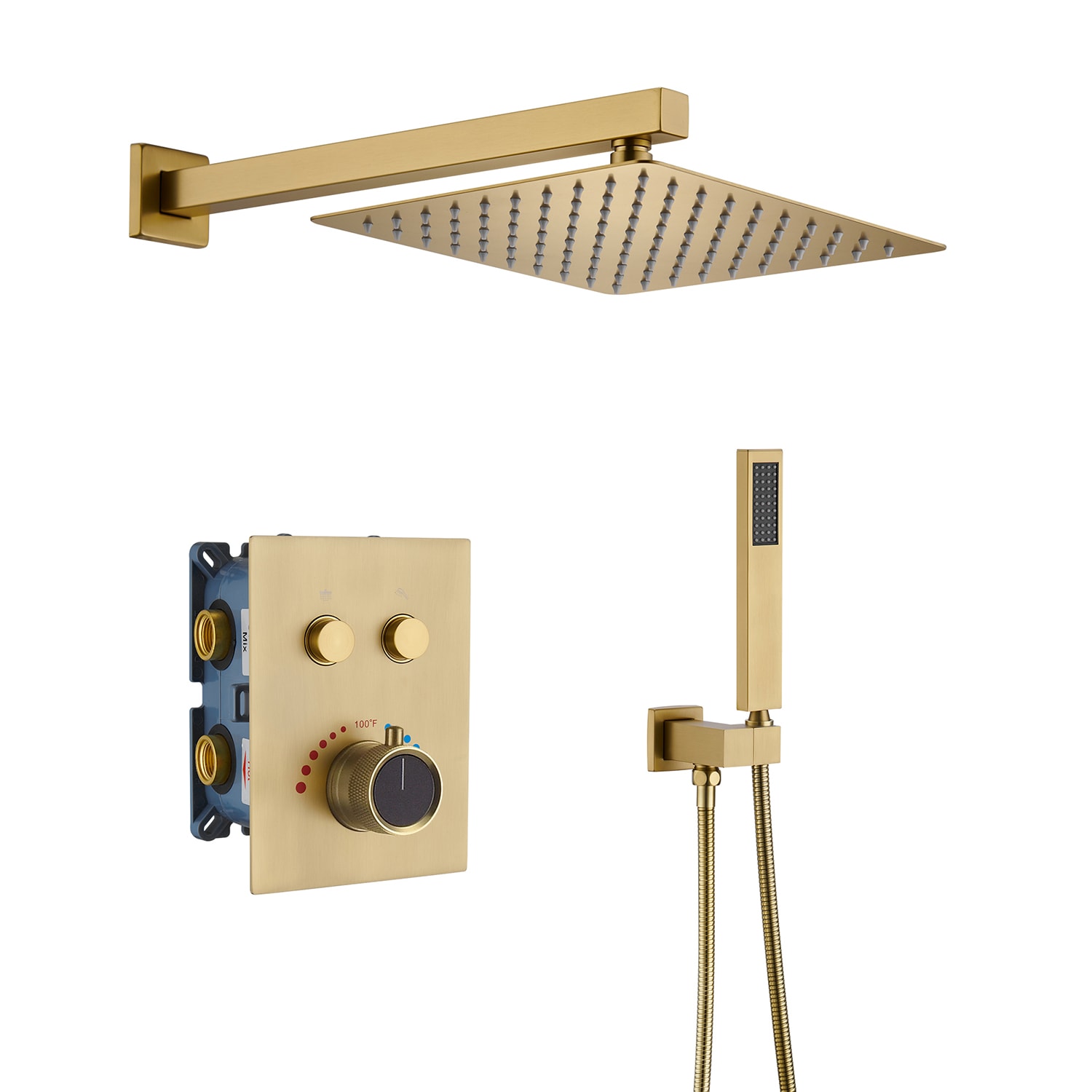 Mondawe Brushed Gold 10 In Built In Shower Faucet System With 2 Way Diverter Thermostatic Valve 5627