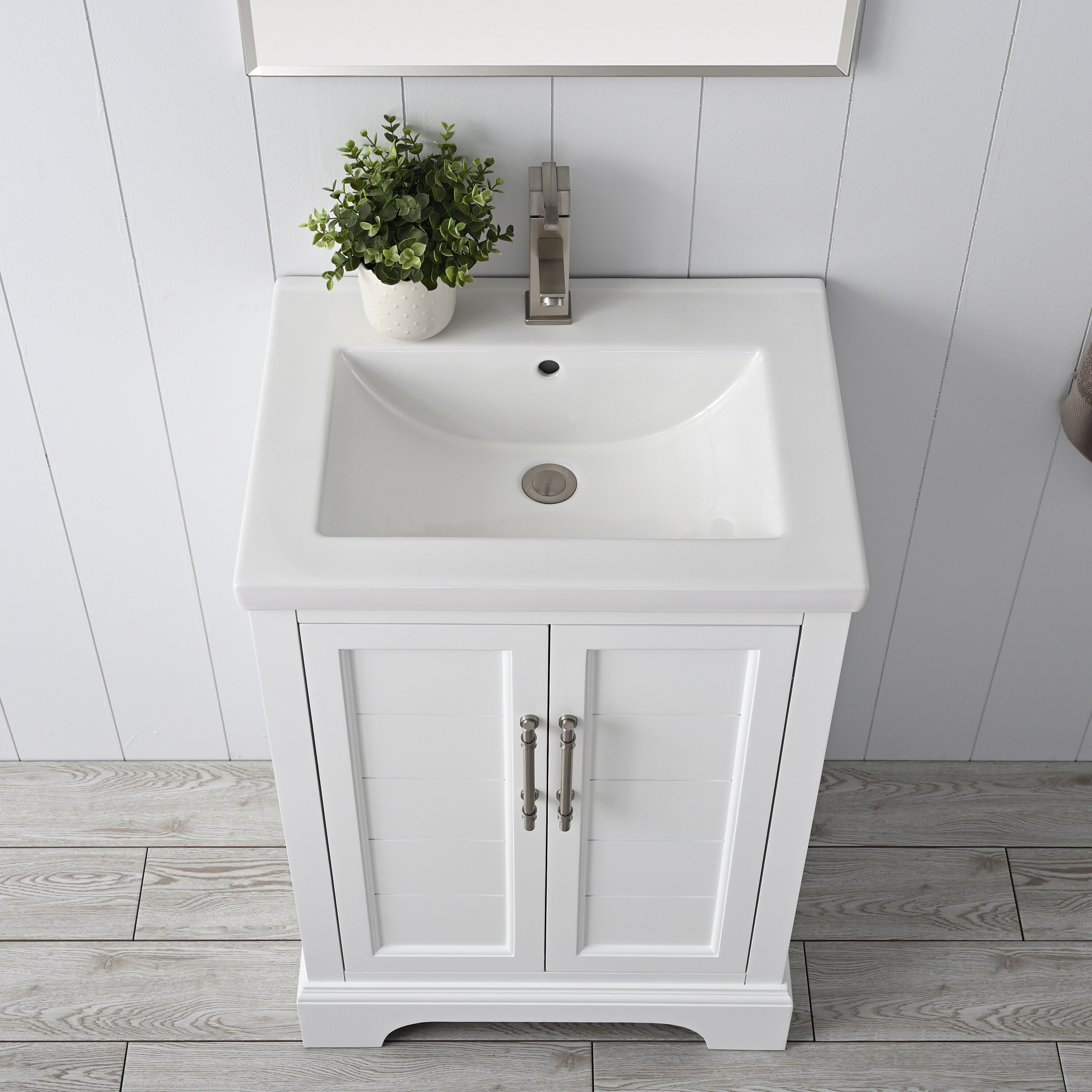 White Single Sink Bathroom Vanity with Ceramic Top, 24-inch