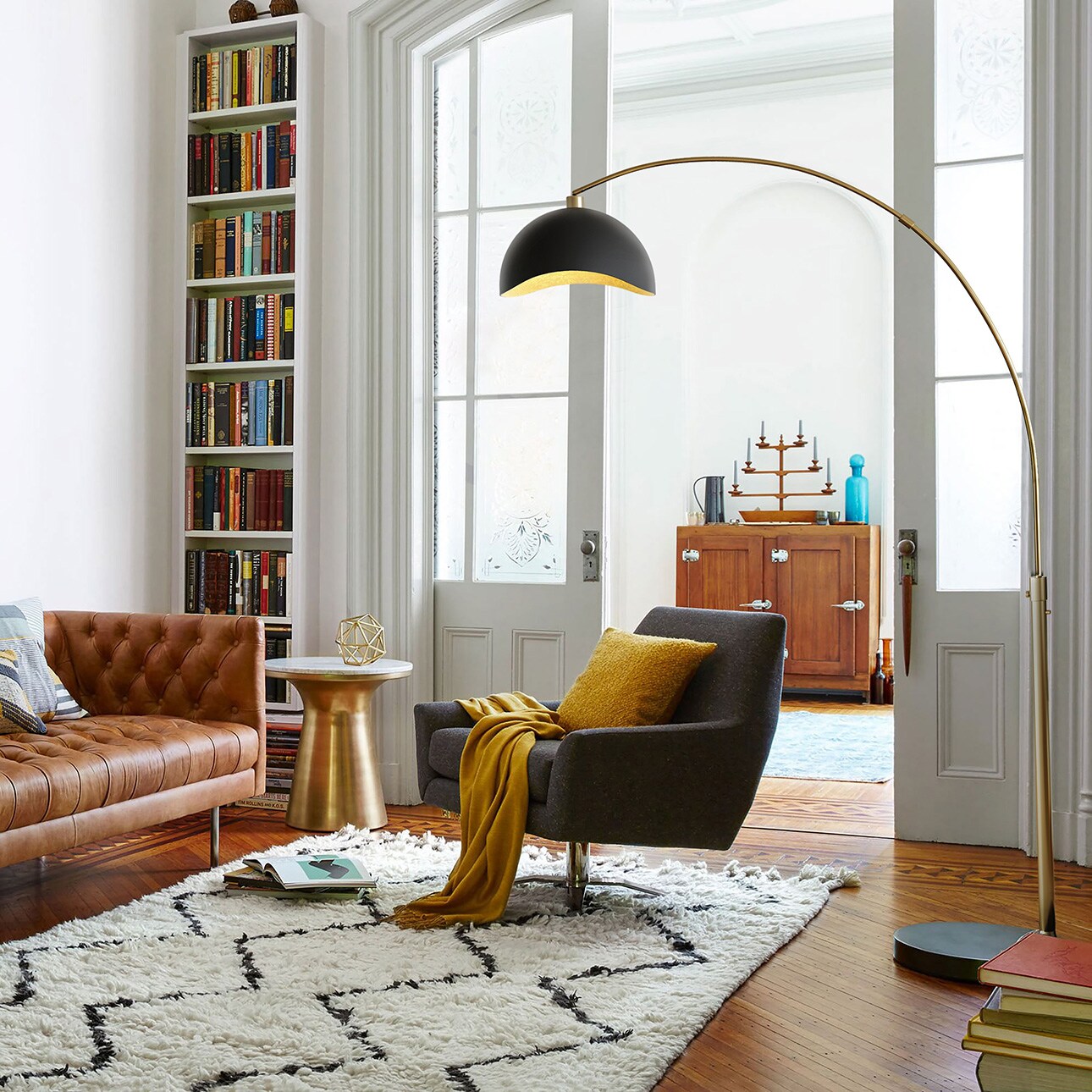 Luna Bella 68" Weathered Brass Arc Floor Lamp with Black Marble Base
