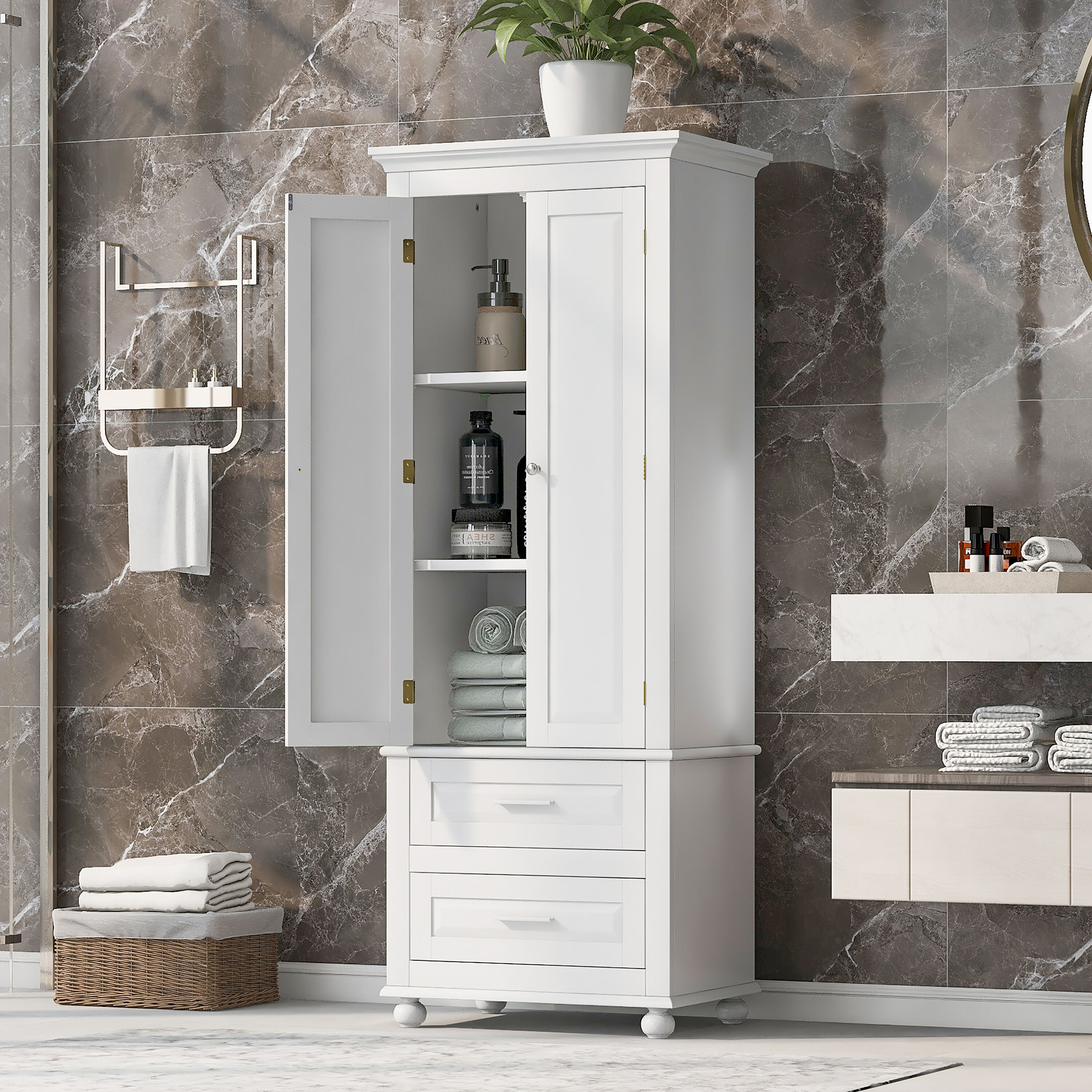 Tall Bathroom Freestanding Corner Cabinet With Door And Adjustable Shelves,  White - ModernLuxe