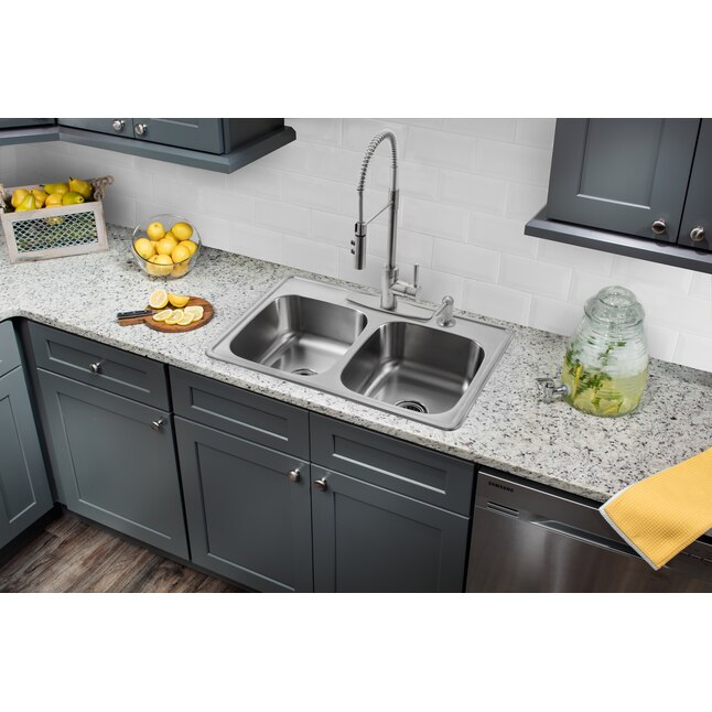 Superior Sinks 33-in x 22-in Brushed Satin Double Equal Bowl Drop-In 4-Hole Residential Kitchen Sink Superior Sinks 33-in x 22-in Brushed Satin Double Equal Bowl Drop-In 4-Hole Residential Kitchen Sink