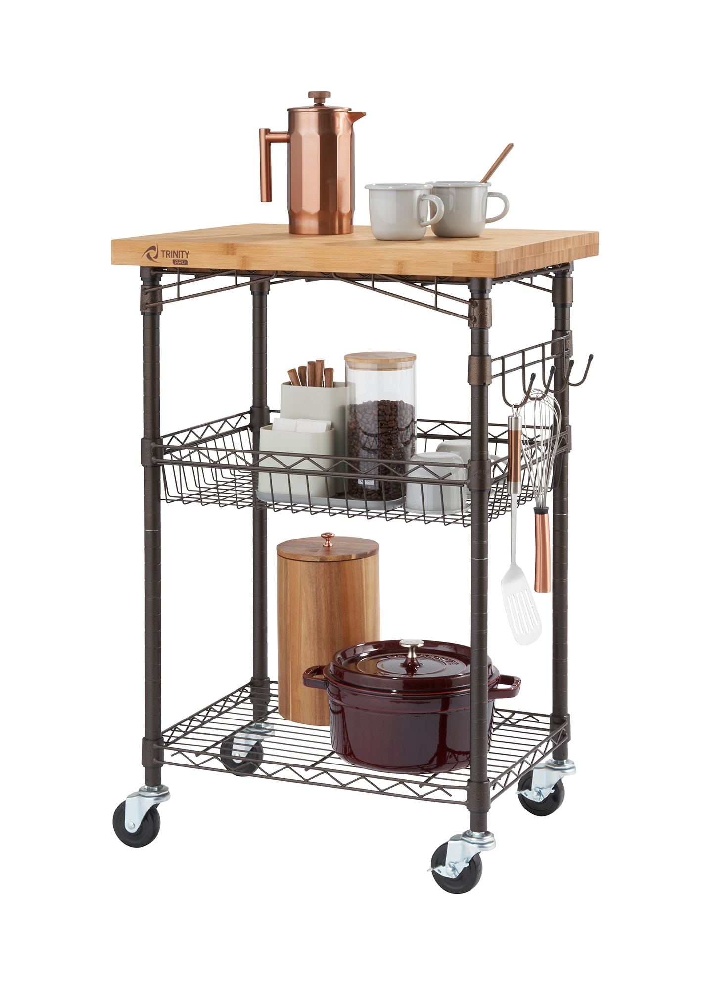 TRINITY Brown Wood Base with Wood Top Rolling Kitchen Cart (20-in