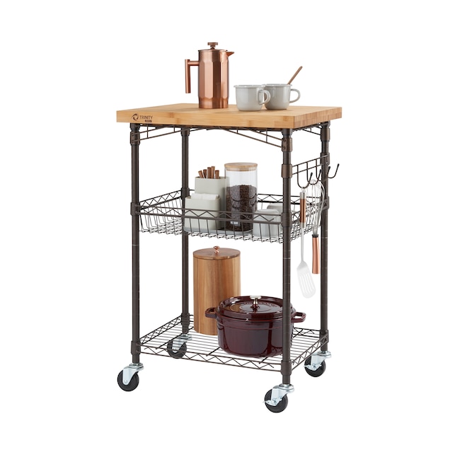 Trinity Brown Steel Base With Wood Top, Rolling Kitchen Island With Cutting Board Top