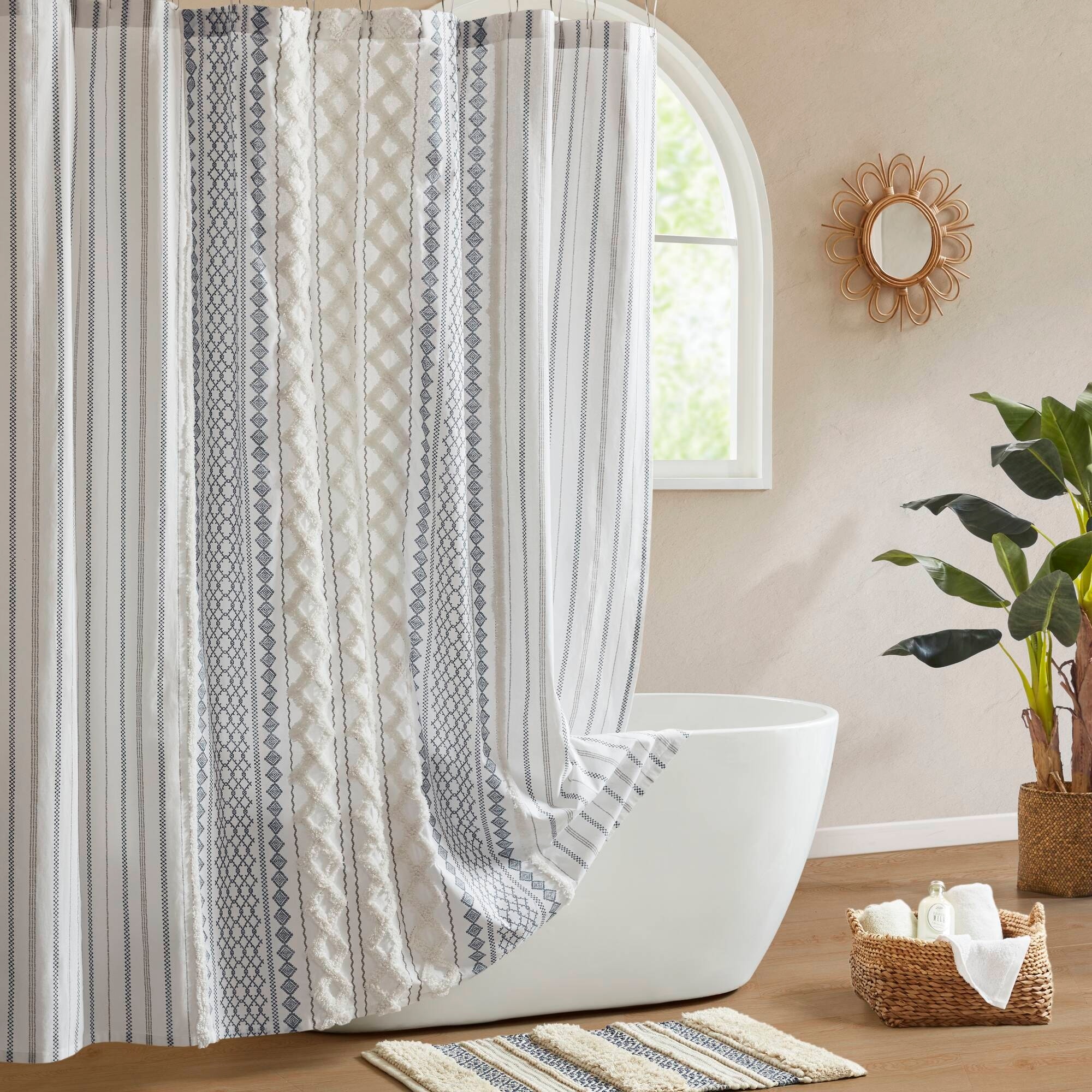 Lirago - 1-Piece 72x84 in Cotton Printed Shower Curtain with Chenille Waterproof Standard Size Ba...