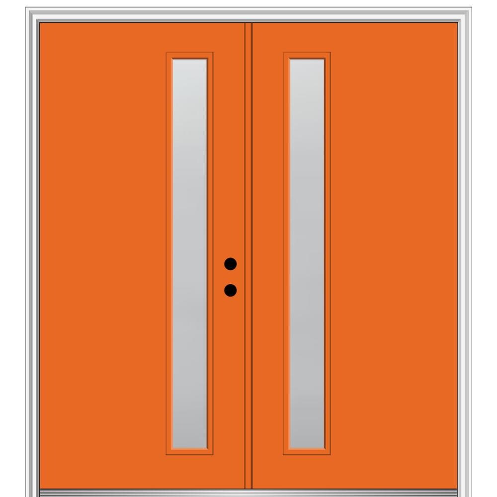 MMI DOOR ZZ349787L Spotlights 60-in x 80-in x 6-9/16-in Fiberglass Pulse lite Left-hand inswing Tangerine Painted Prehung Double Front Door with Brickmould Insulating core