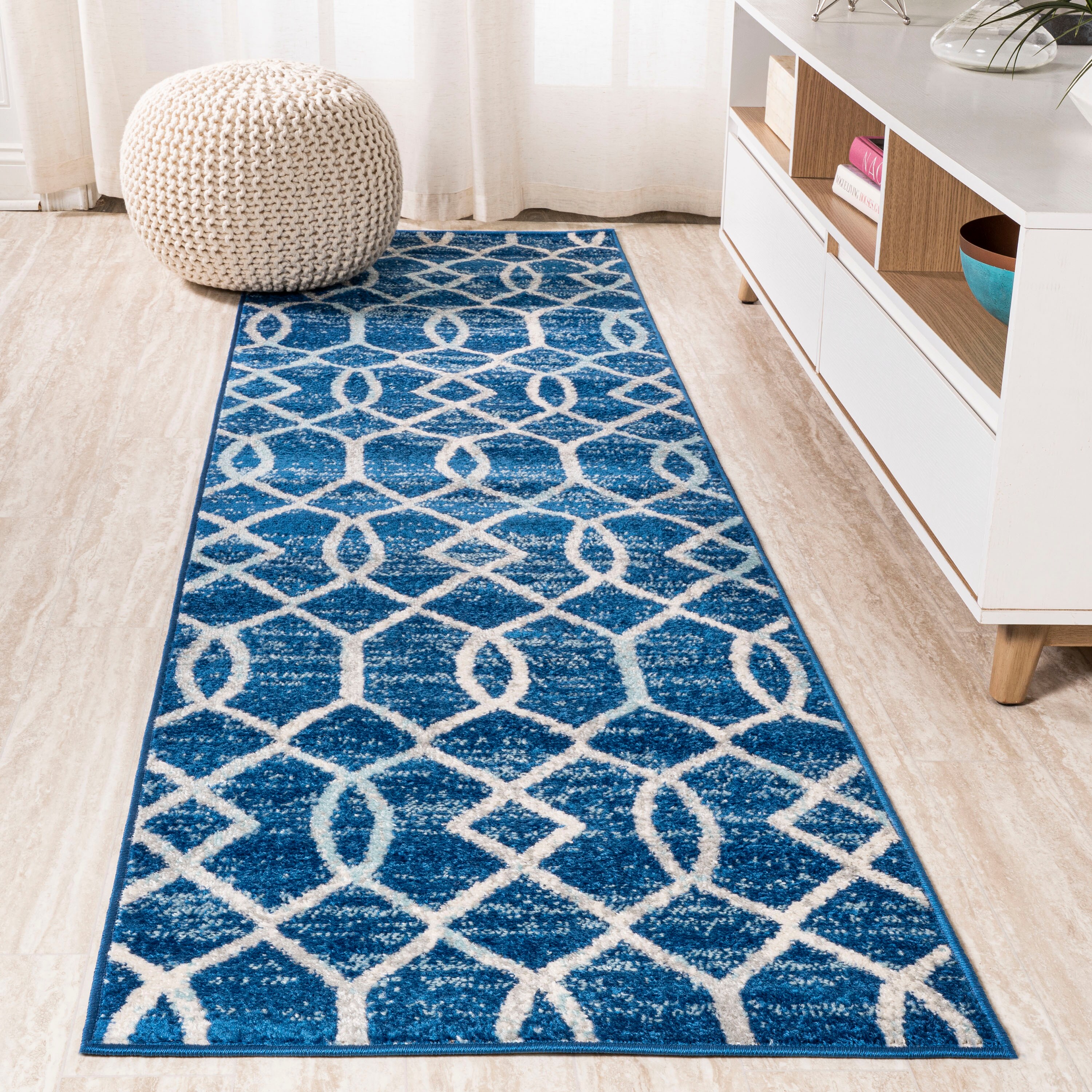 JONATHAN  Y MOH104B-28 Moroccan HYPE Asilah Ogee Fretwork 2 x 8 (ft) Loomed Polypropylene Blue/Gray Rectangular Indoor Trellis Mid-Century Modern Runner rug