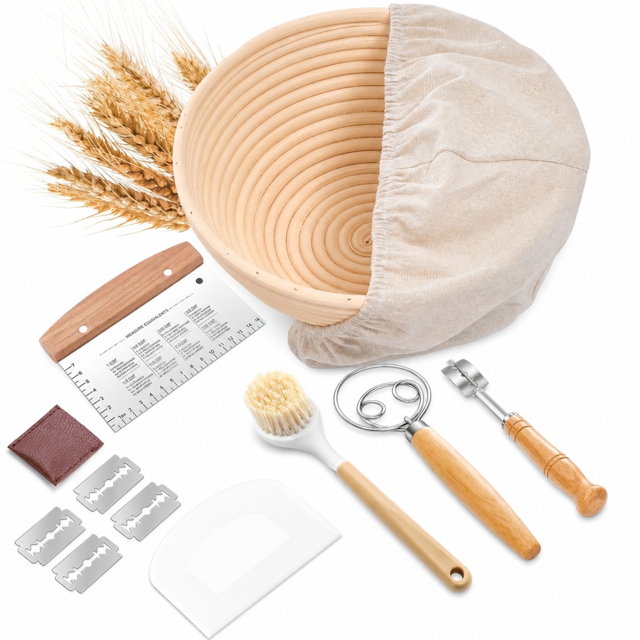 Aoibox  Complete Sourdough Starter Baking Kit 9 in Round Natural Rattan Proofing Basket with Dough Tools Bowl