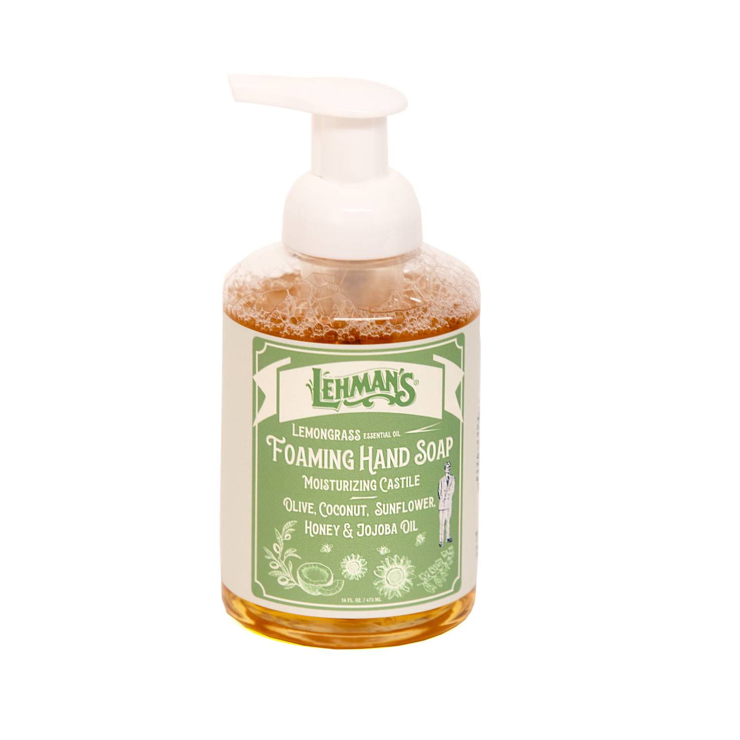 Lehman's 1741292 Lehmans Castile Foaming Hand Soap - Mild and Moisturizing and All Natural - Essential Oil Scented - 16 fl oz - Lemongrass