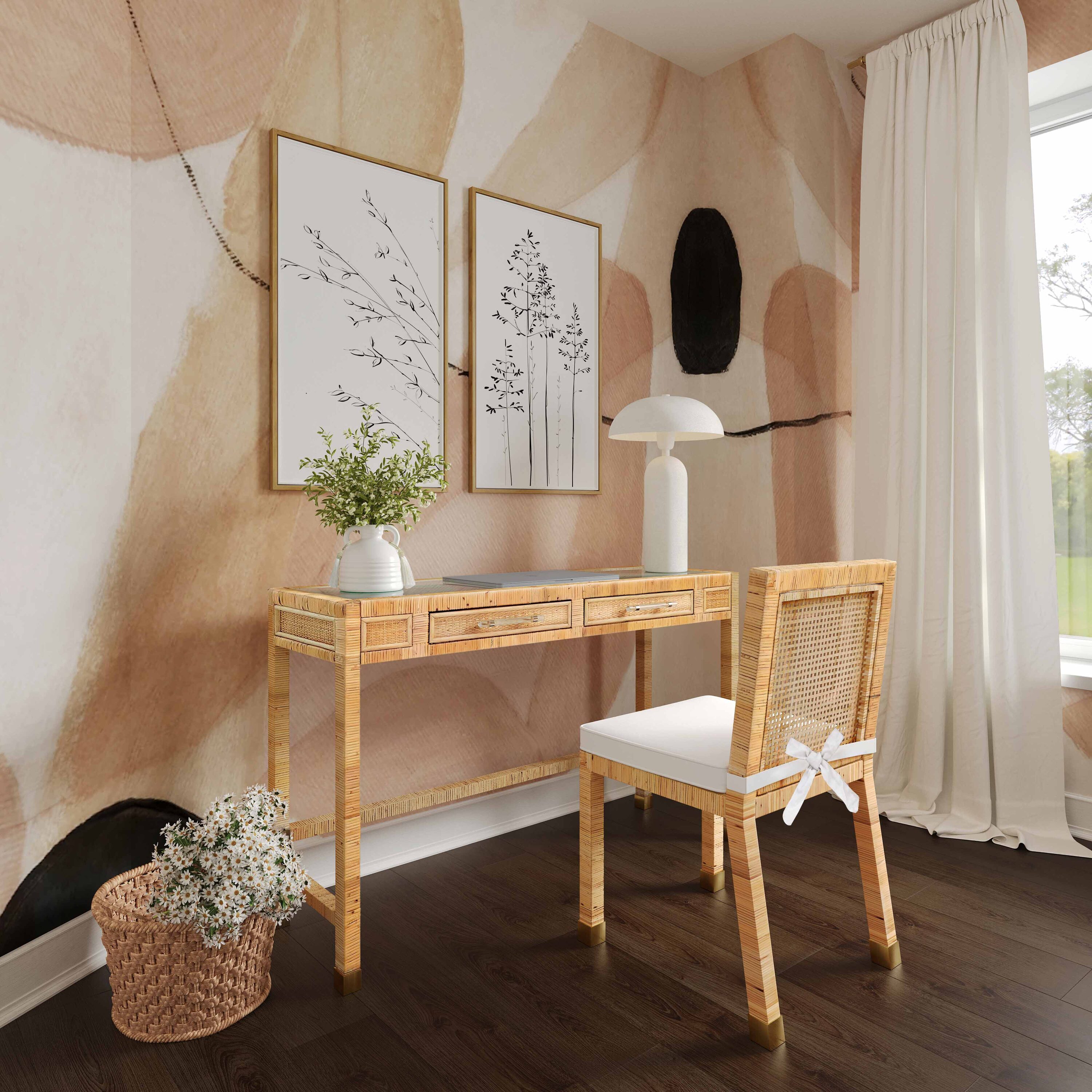 Amara Natural Rattan and Glass Home Office Desk with Drawers