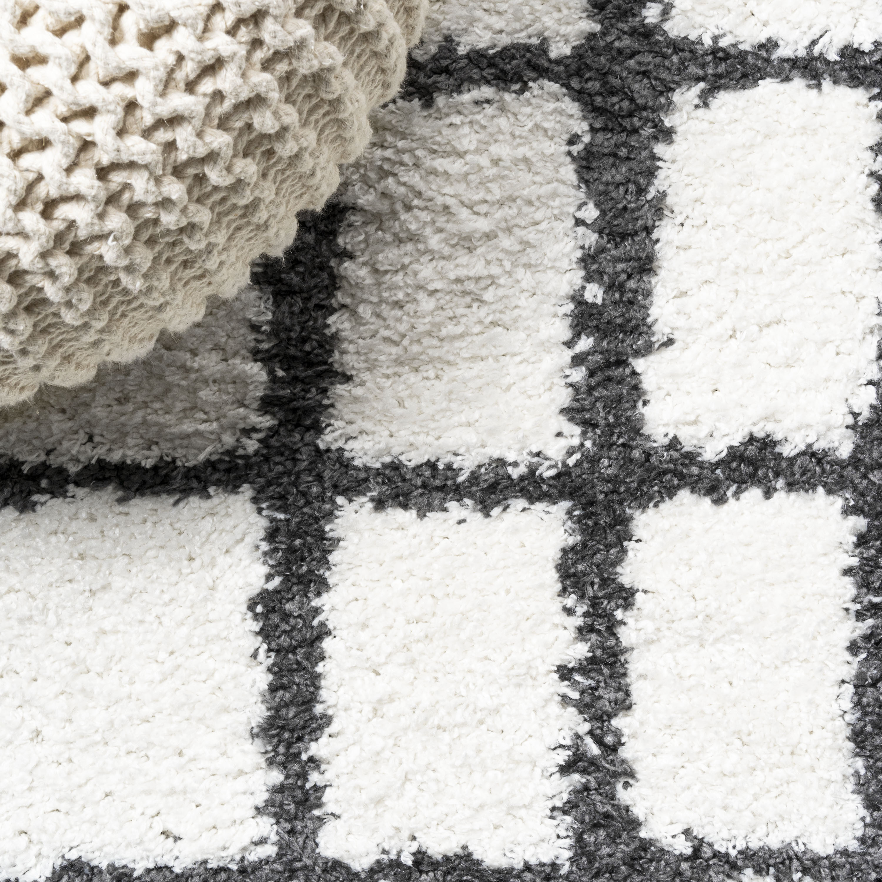 Ivory and Black Moroccan-Inspired Geometric Shag Rug