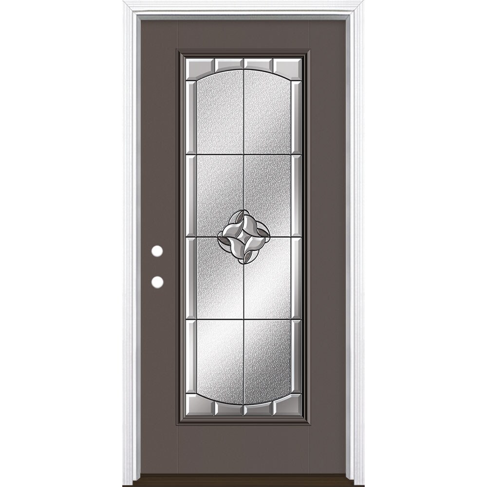 Masonite 3423292 Rozet 36-in x 80-in x 4-9/16-in Fiberglass Full lite Right-hand inswing Timber Gray Painted Prehung Single door Front Door with Brickmould Insulating core Decorative glass