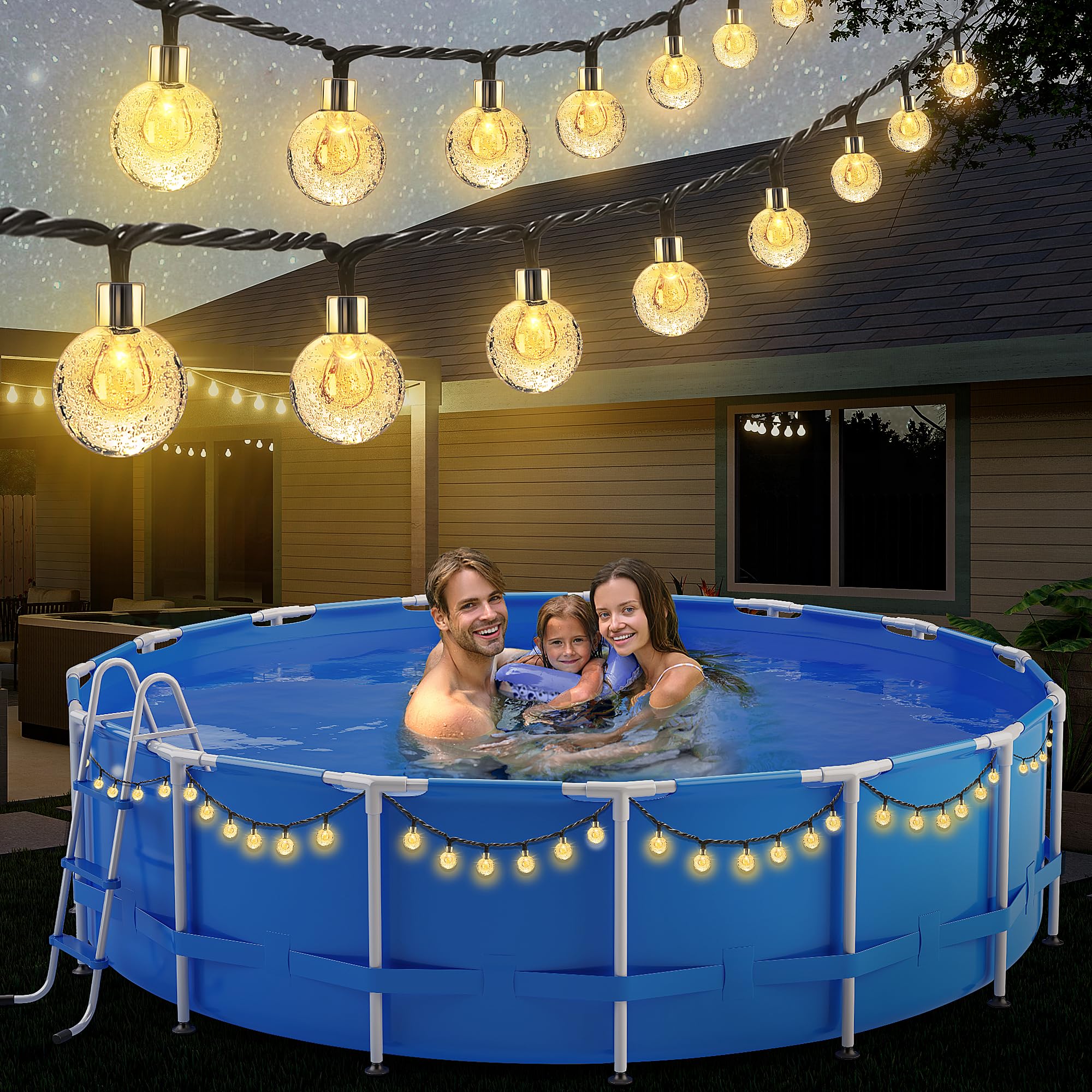 IUEST  88 Ft Solar Pool String Lights with 100 LEDs Waterproof Outdoor Globe Lights for Above Ground Pools and Patio Decor with 8 Lighting Modes