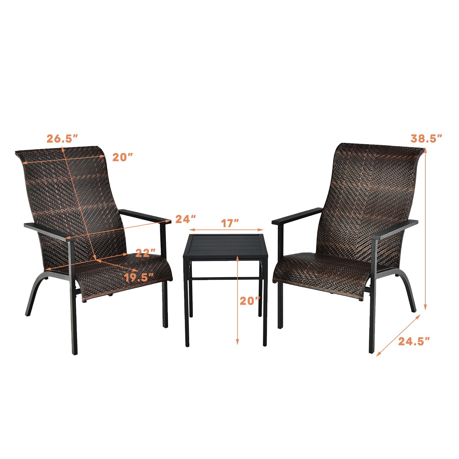 Brown PE Rattan and Steel 3-Piece Outdoor Bistro Set