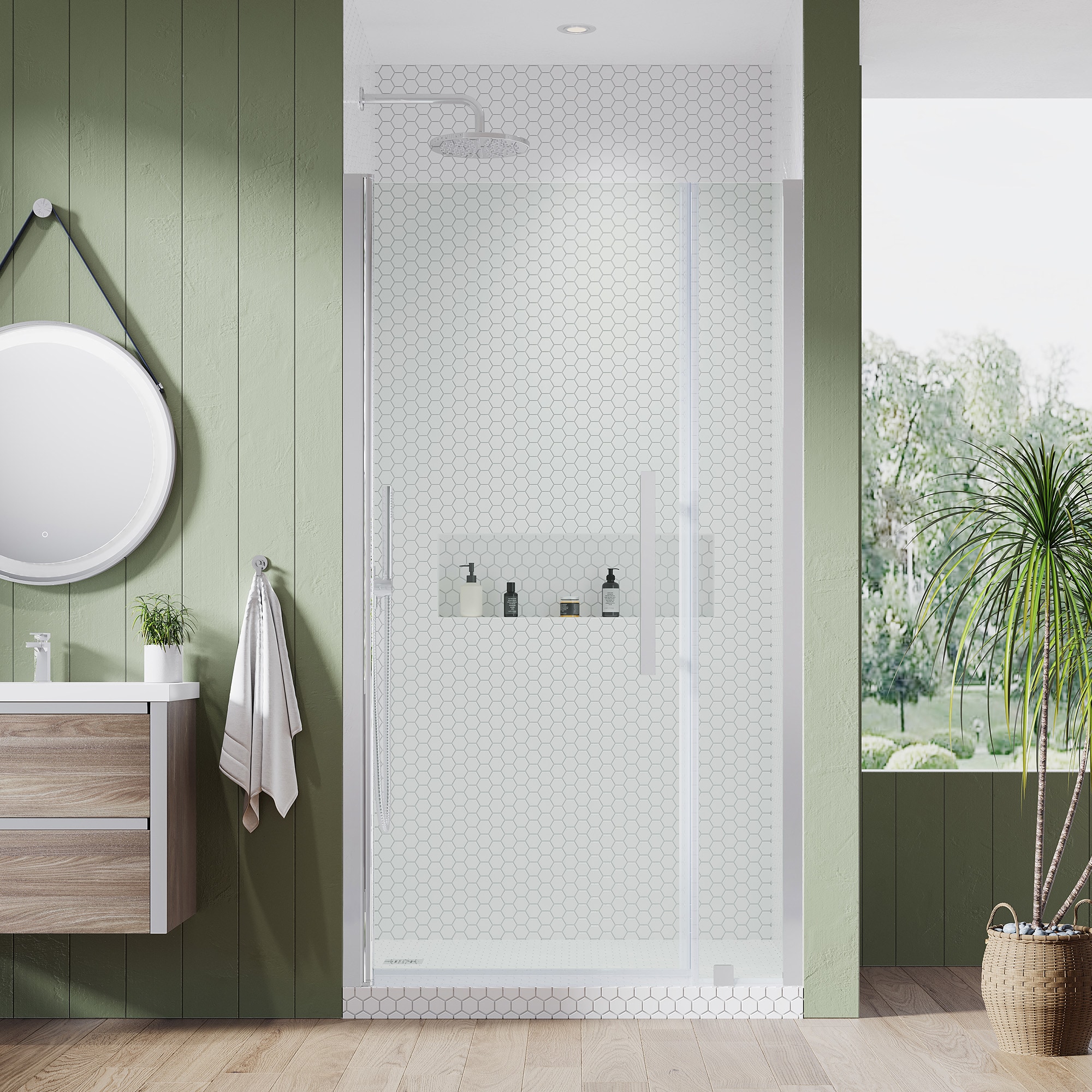 OVE Decors 828796051378 Pasadena Polished chrome 39-7/16-in to 41-3/8-in W x 72-Inches H Frameless Buttress Pivot Shower door 5/16-in Thick Clear Glass