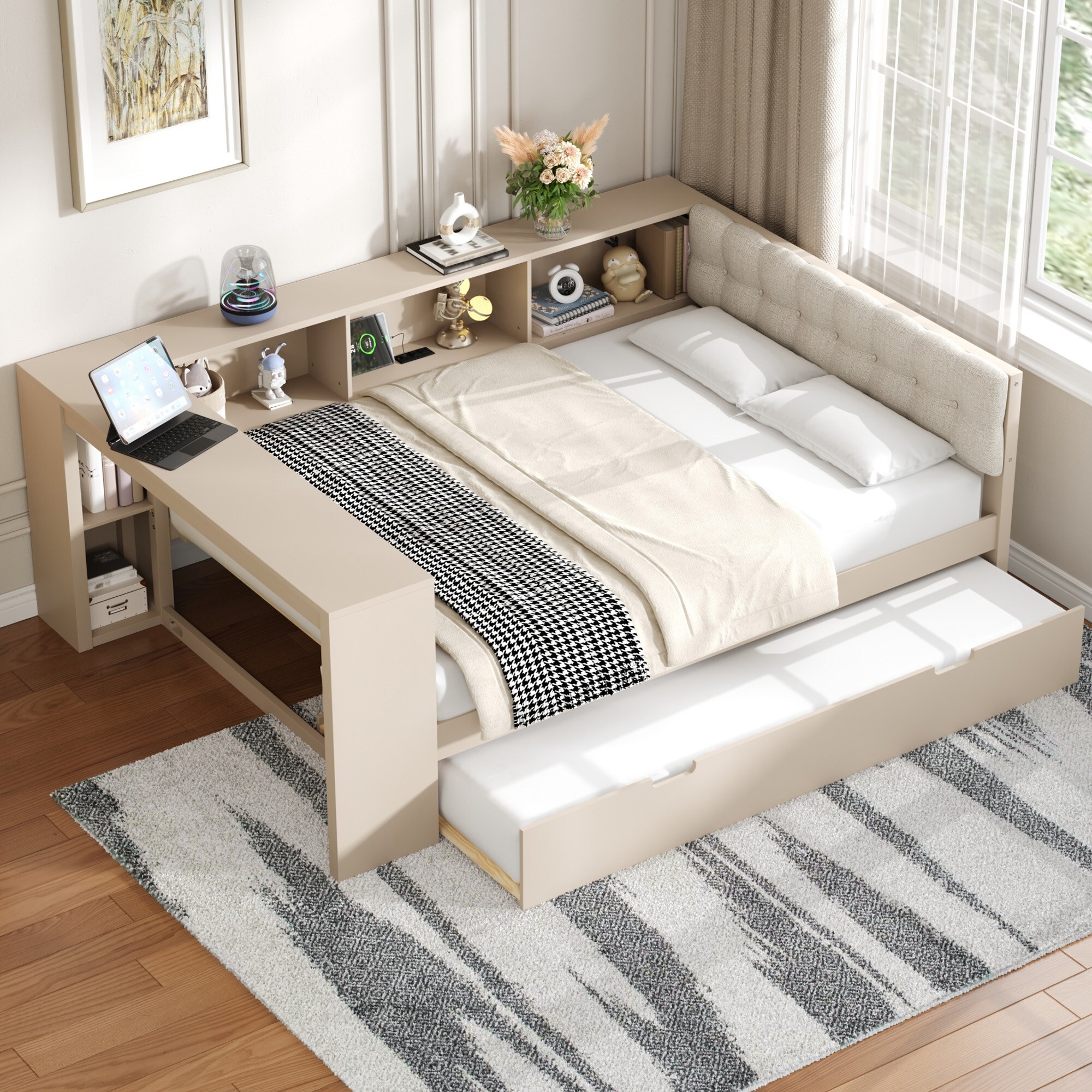 ModernLuxe L3P-N709P004024C Wood Full Size Platform Bed with Storage Shelves Trundle Charging Station and Upholstered Headboard Cream