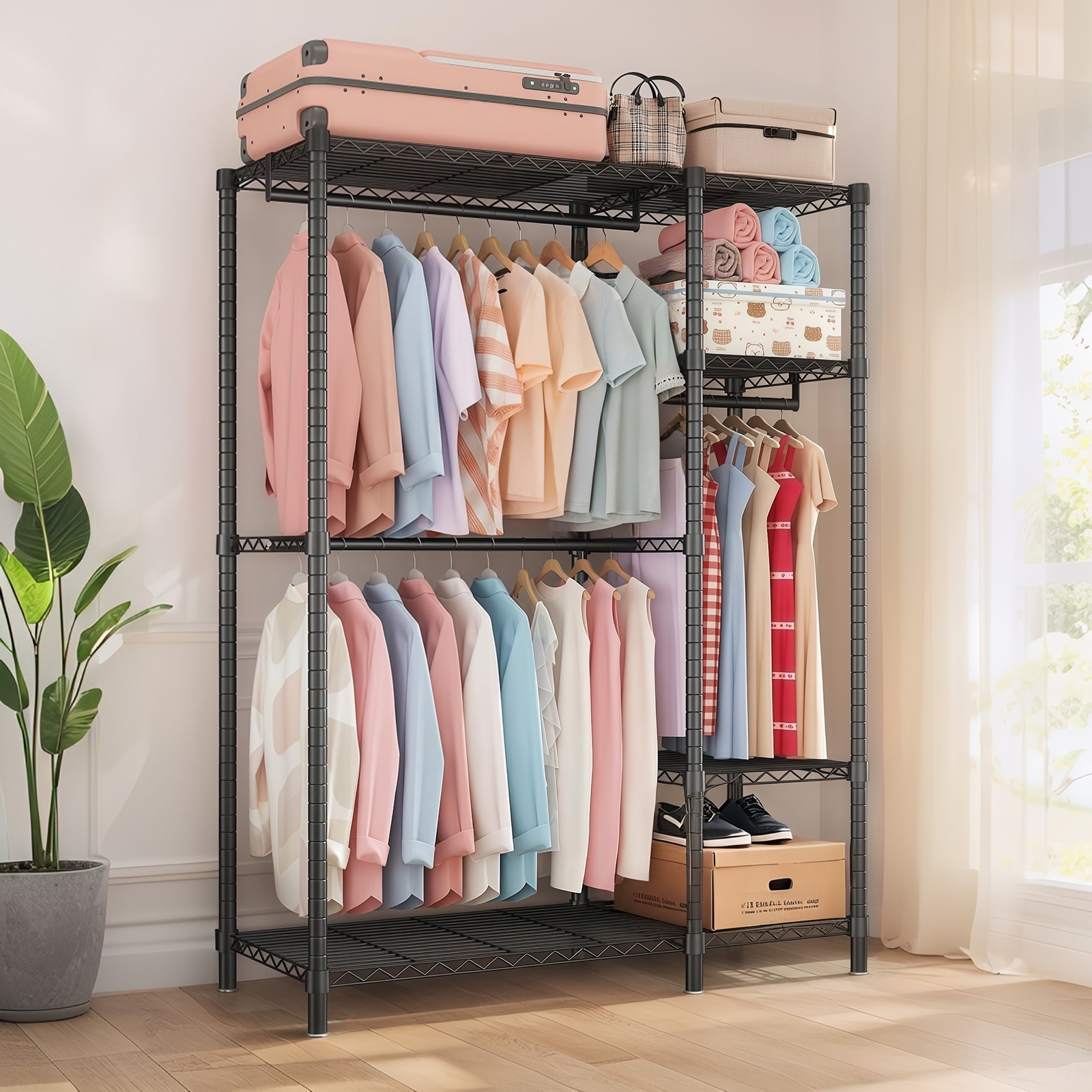 KWPZQEB Metal Clothing Rack Freestanding Closet OrganizerAdjustable Wire Shelving and 3 Clothes Rails-Black