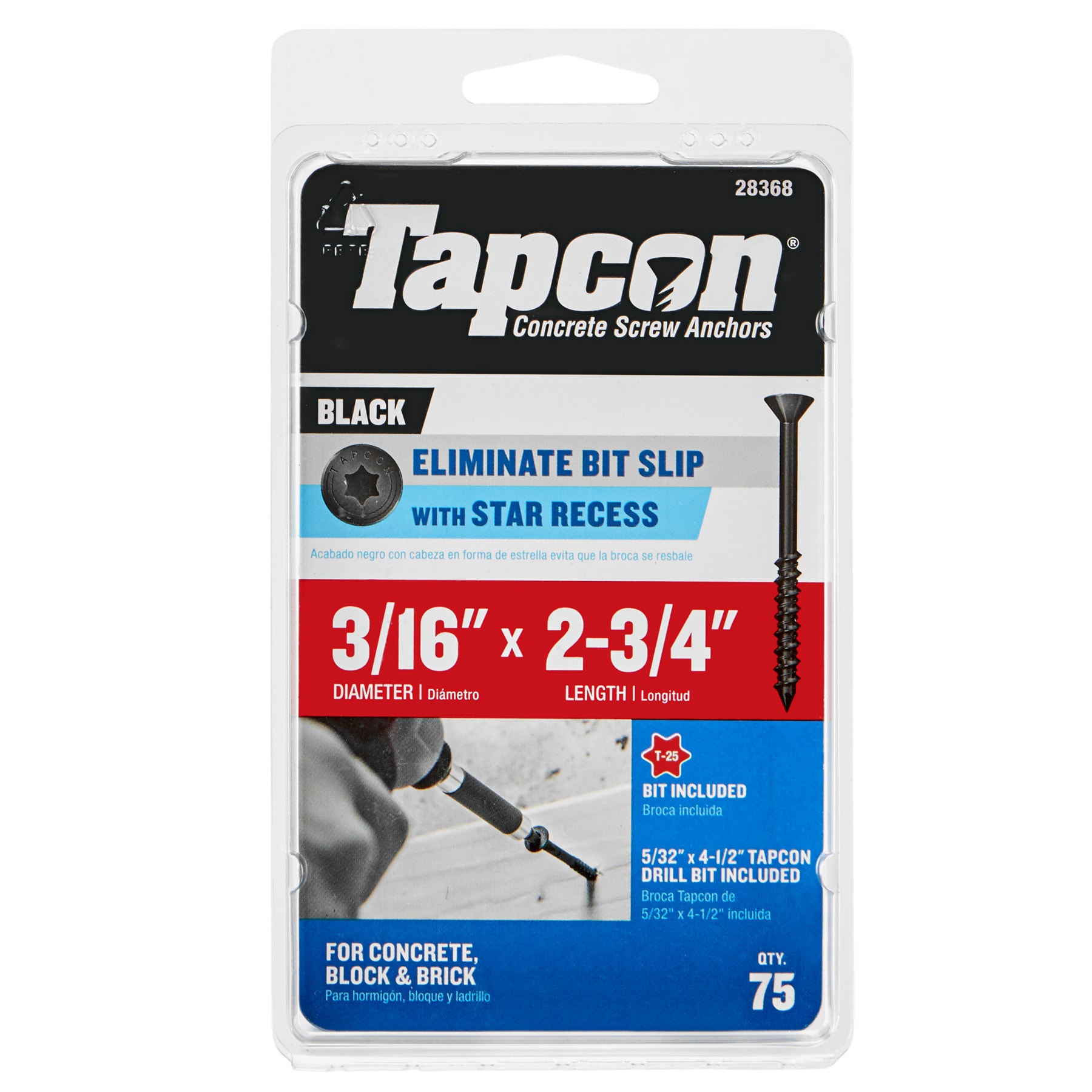 Tapcon 28368 3/16-in x 2-3/4-in Concrete Screws Anchors 75 -Pack