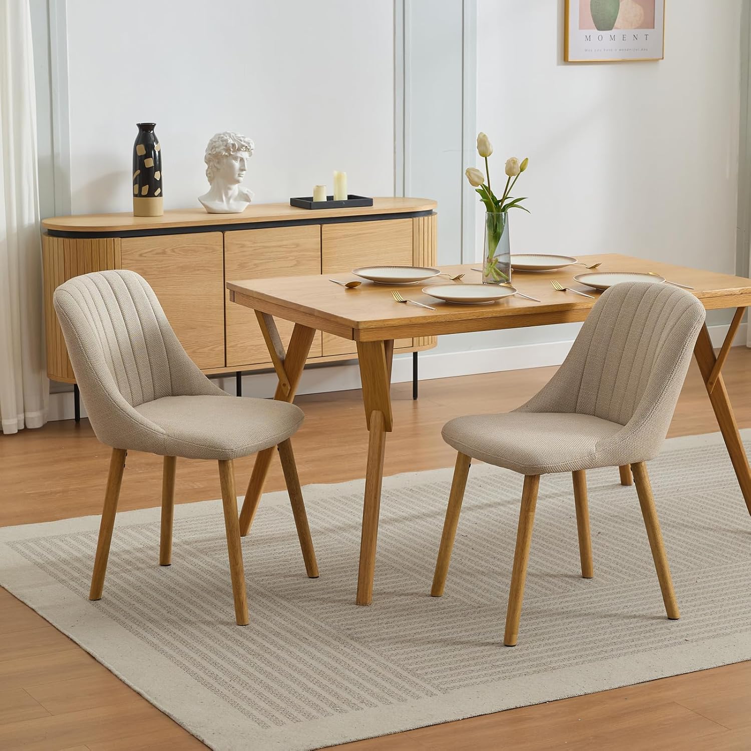 Qeetex PHK-33A7FTJX-HNN Set of 2 Modern Beige Fabric Dining Chairs with Upholstered Seat and Curved Backrest Dining Chairs with Oak Legs