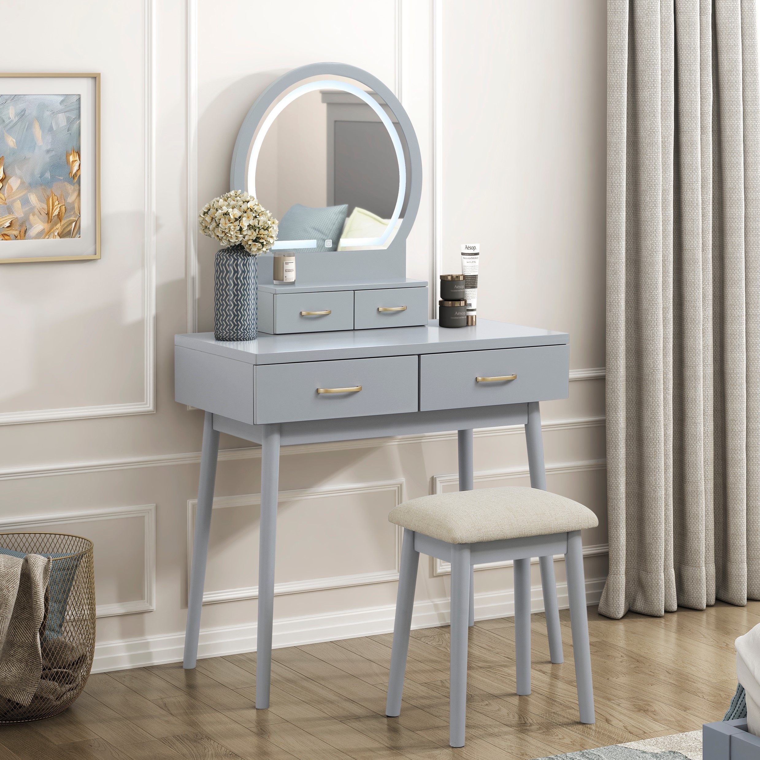 LOVMOR SF-H-B011P347849 Beautiful Gray Finish Vanity Dresser with Mirror and Stool Set Storage Drawers Luxury Furniture 1pc LED Mirror