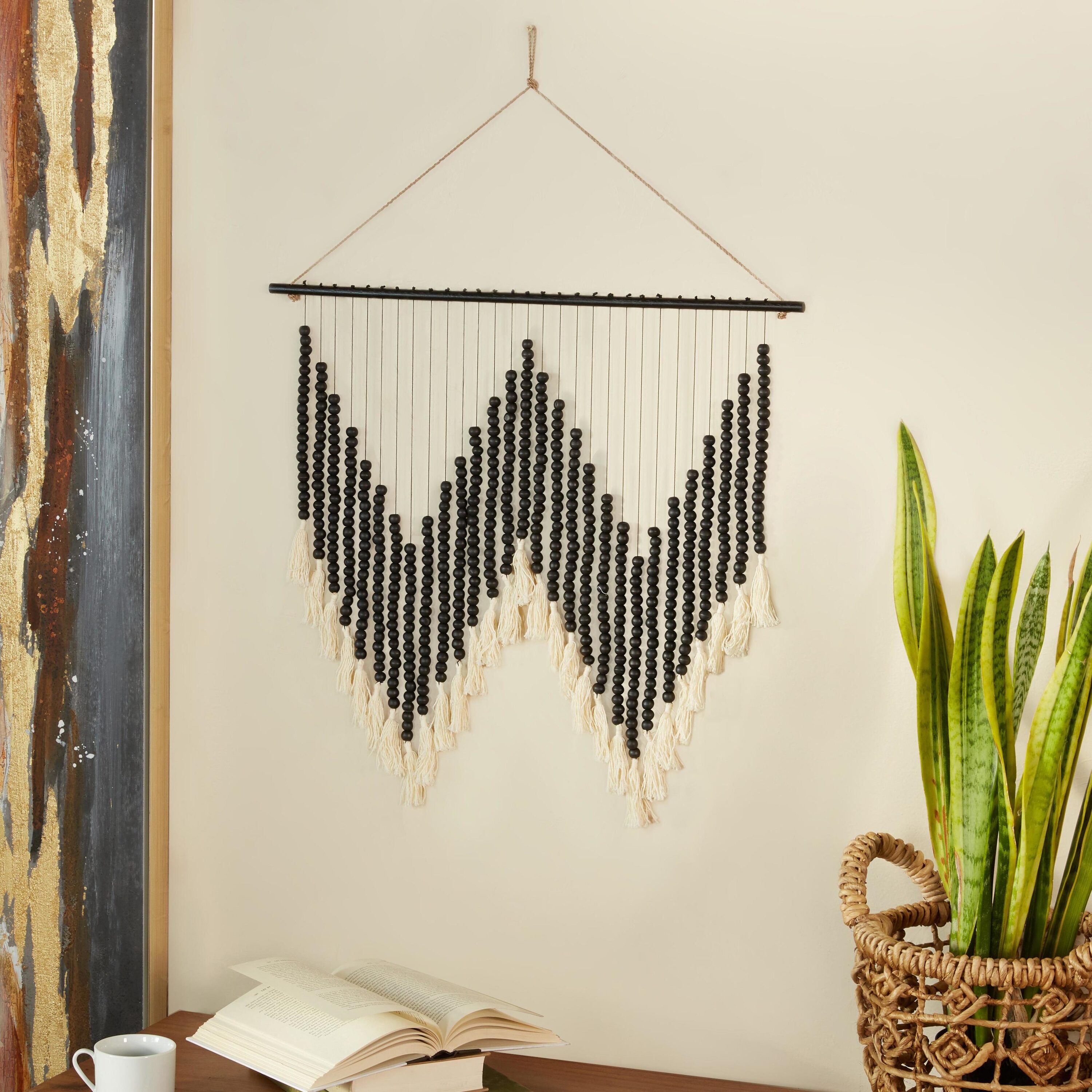 Grayson Lane 36692 26-Inches W x 35-Inches H Wood Macrame Beaded with Fringe Tassels Abstract Wall tapestry