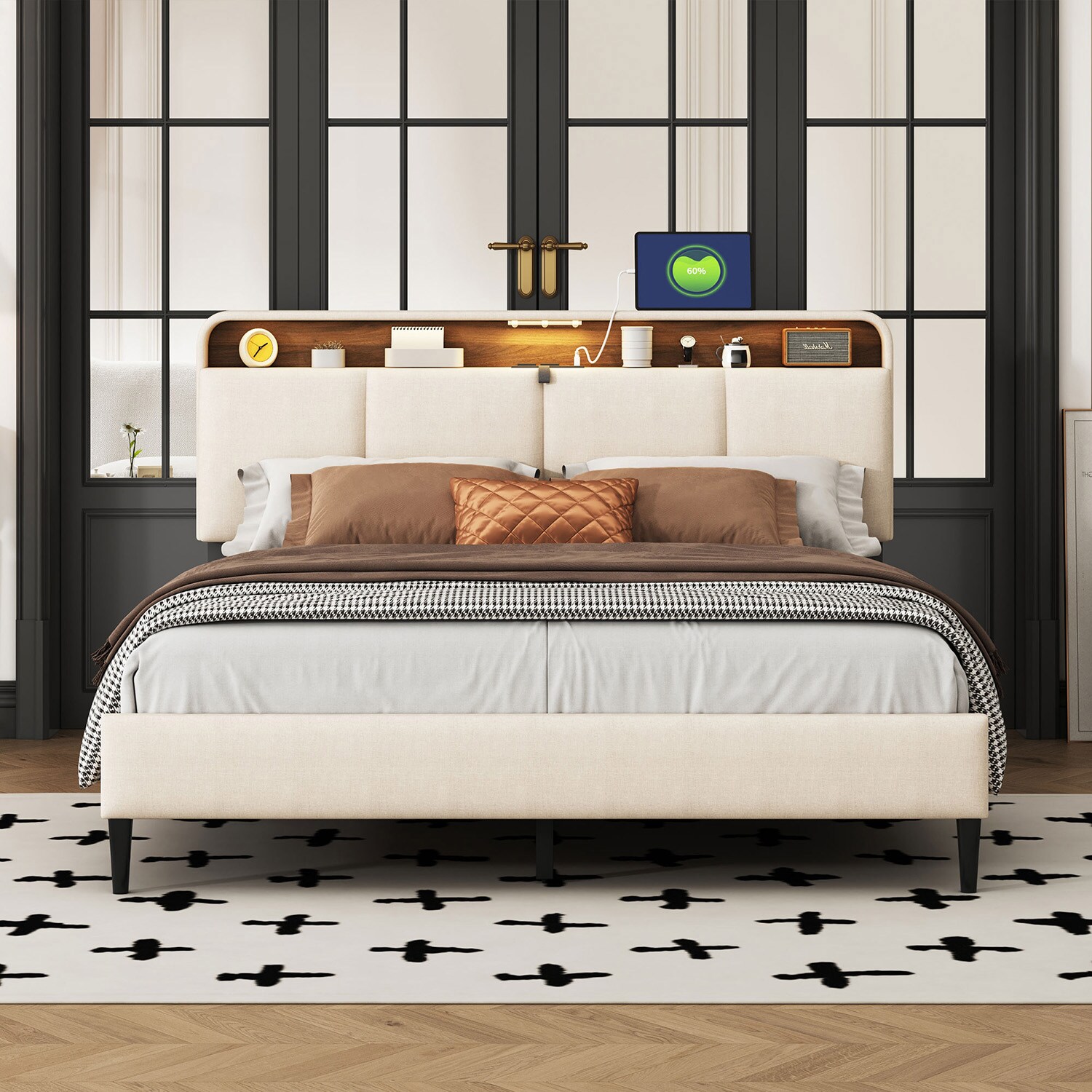 Mondawe MO-GA90104 Beige Queen Upholstered Platform Bed with Storage