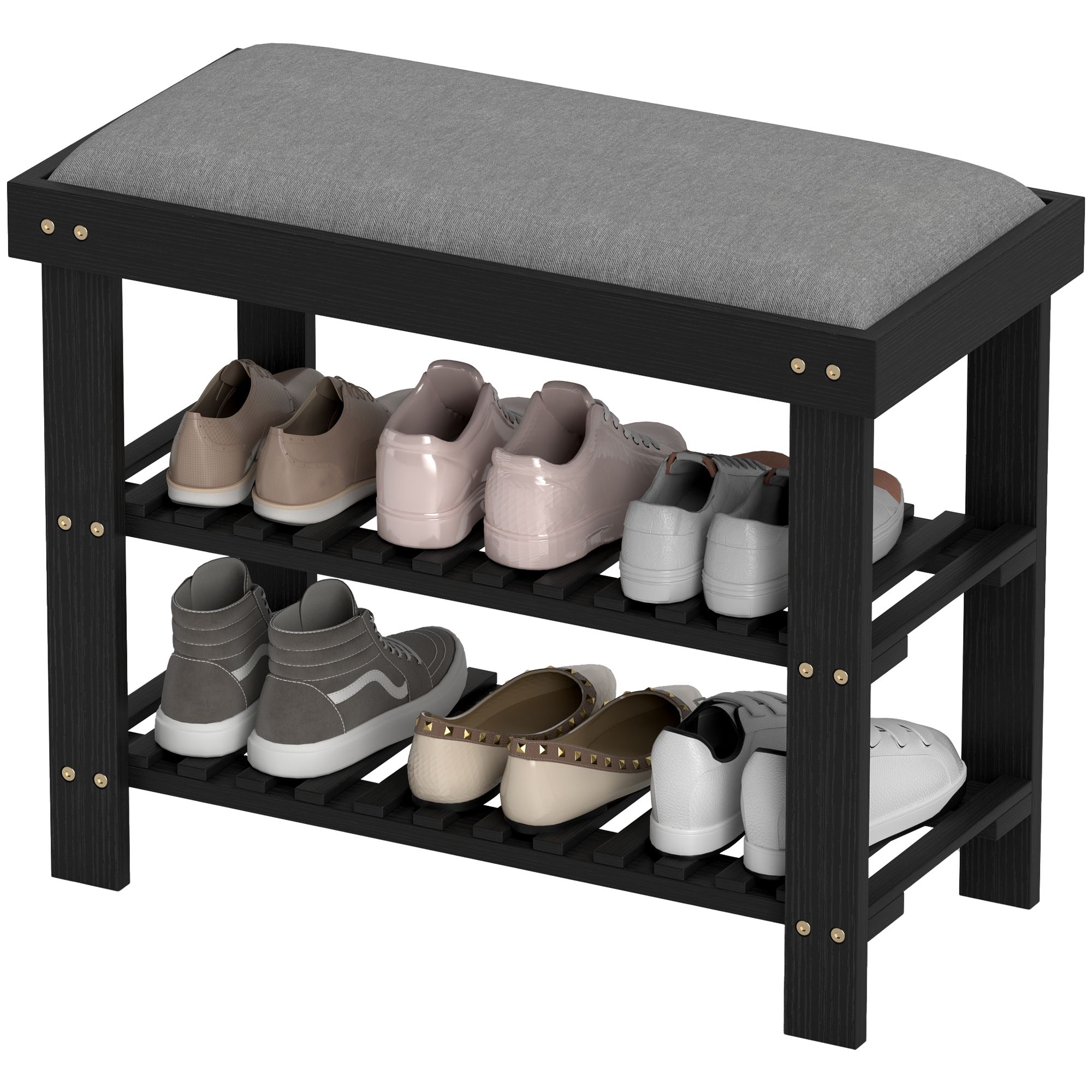 JUSHUA Bamboo Shoe Storage Bench 3-Tier Entryway Bench with Cushion Shoe Organizer for Entryway Hallway Black #FL-757W2P