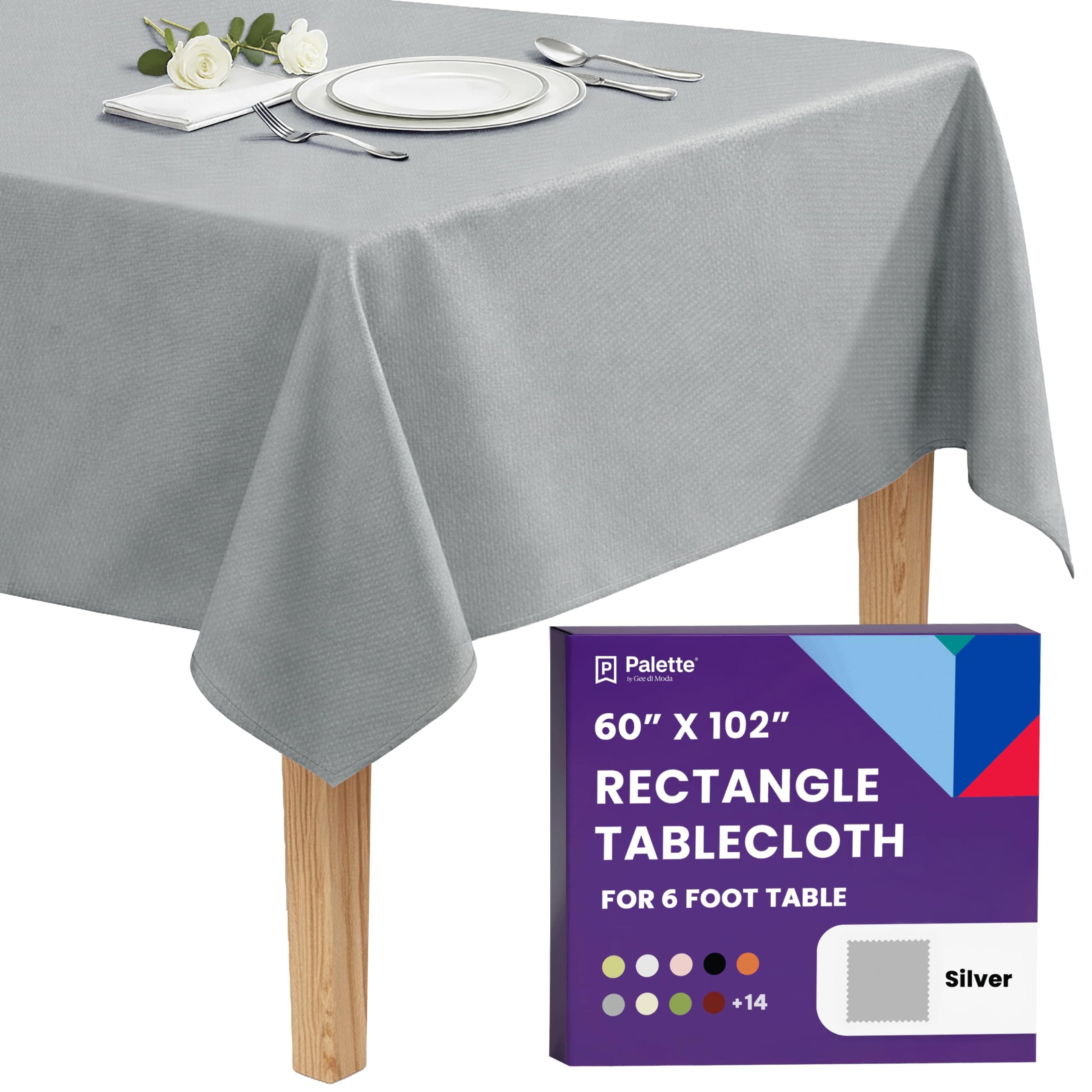 Gee Di Moda  Rectangle Tablecloth - 60 x 102 Inch Silver Rectangle Table Cloth - Heavy Duty Washable Fabric - for Buffet Table Holiday Party Dinner Wedding and Baby Shower