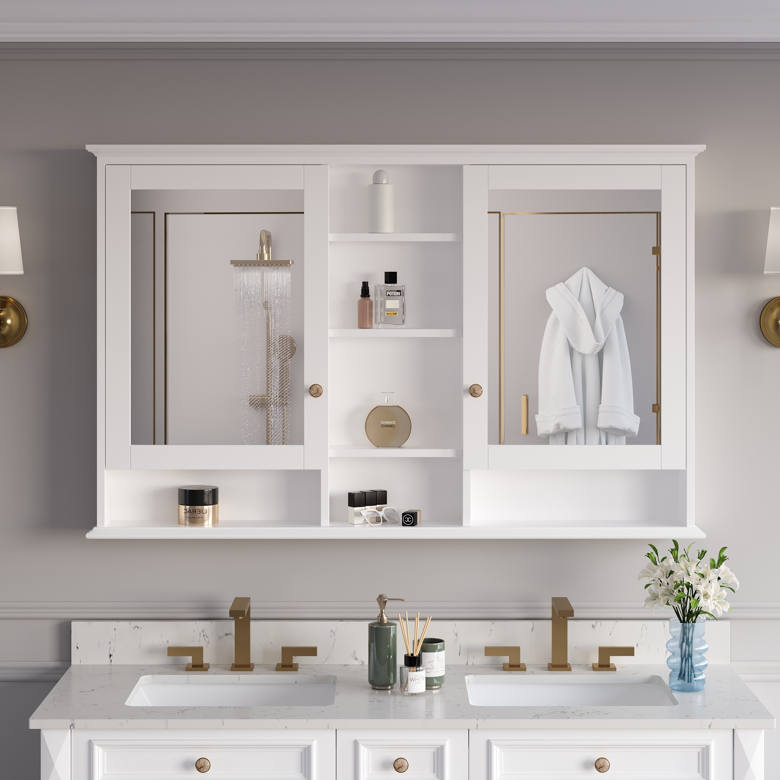 Forclover ALF-ME55WT 55-in x 35-in Surface Mount White Mirrored Rectangle Soft Close Medicine Cabinet