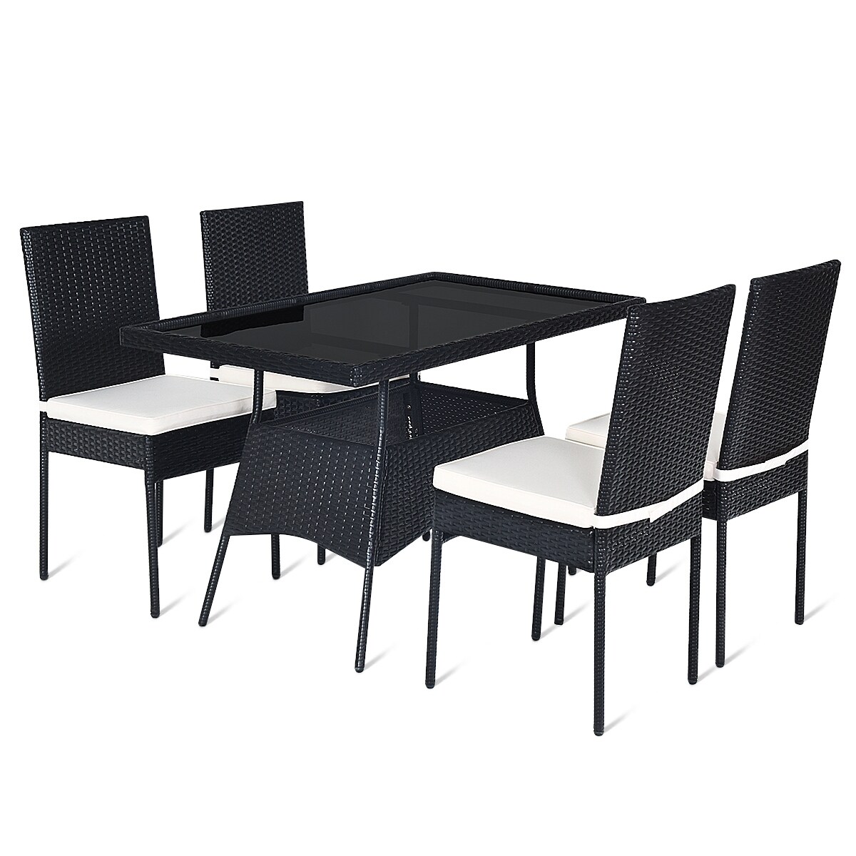 WELLFOR TDS10405-13+NP10405 5 -Piece black Rattan Patio Dining Set Steel Rectangle Table with 4 Off-white Cushions Stationary Chairs
