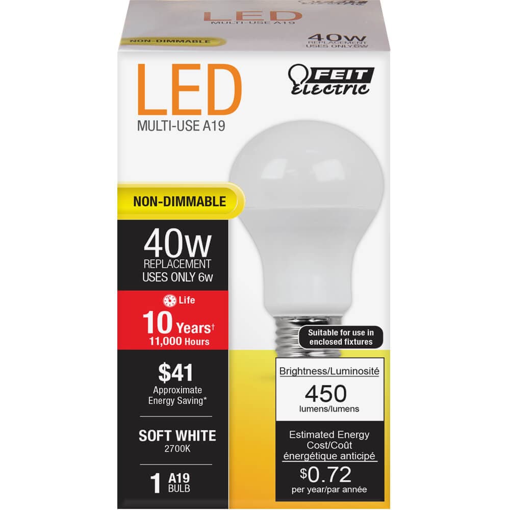 Feit Electric A450/827/10KLED/6 LED Non-Dimmable 40 -Watt EQ A19 Soft white Medium base (E-26) LED General purpose Light Bulb 6 -Pack
