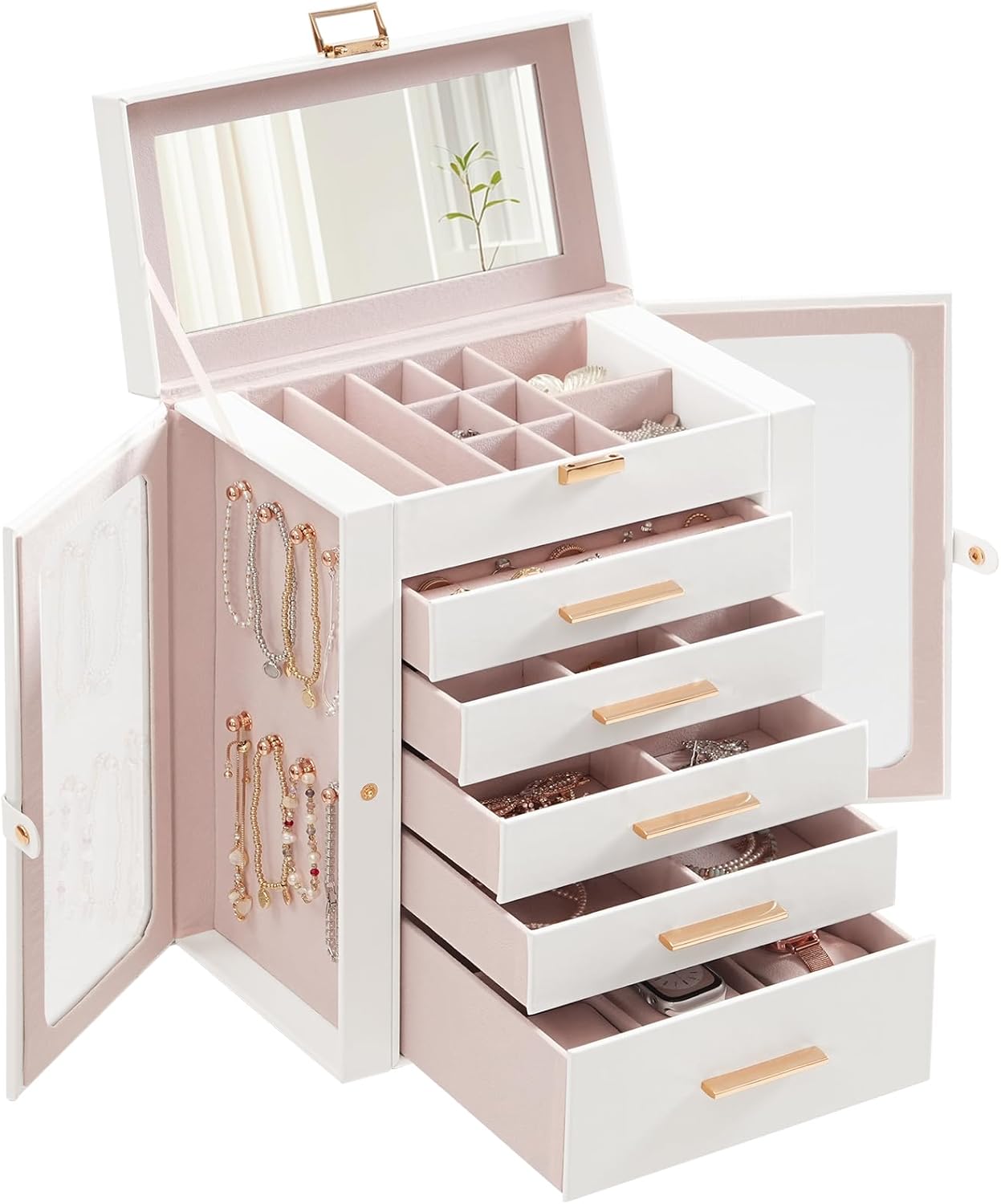 Hoobro B0DYCL5894 Jewelry Box with Mirror 6 Layer Jewelry Organizer Box with Glass Windows Large Capacity Jewelry Case Vertical Storage for Earring Ring Necklace Bracelet Watch White